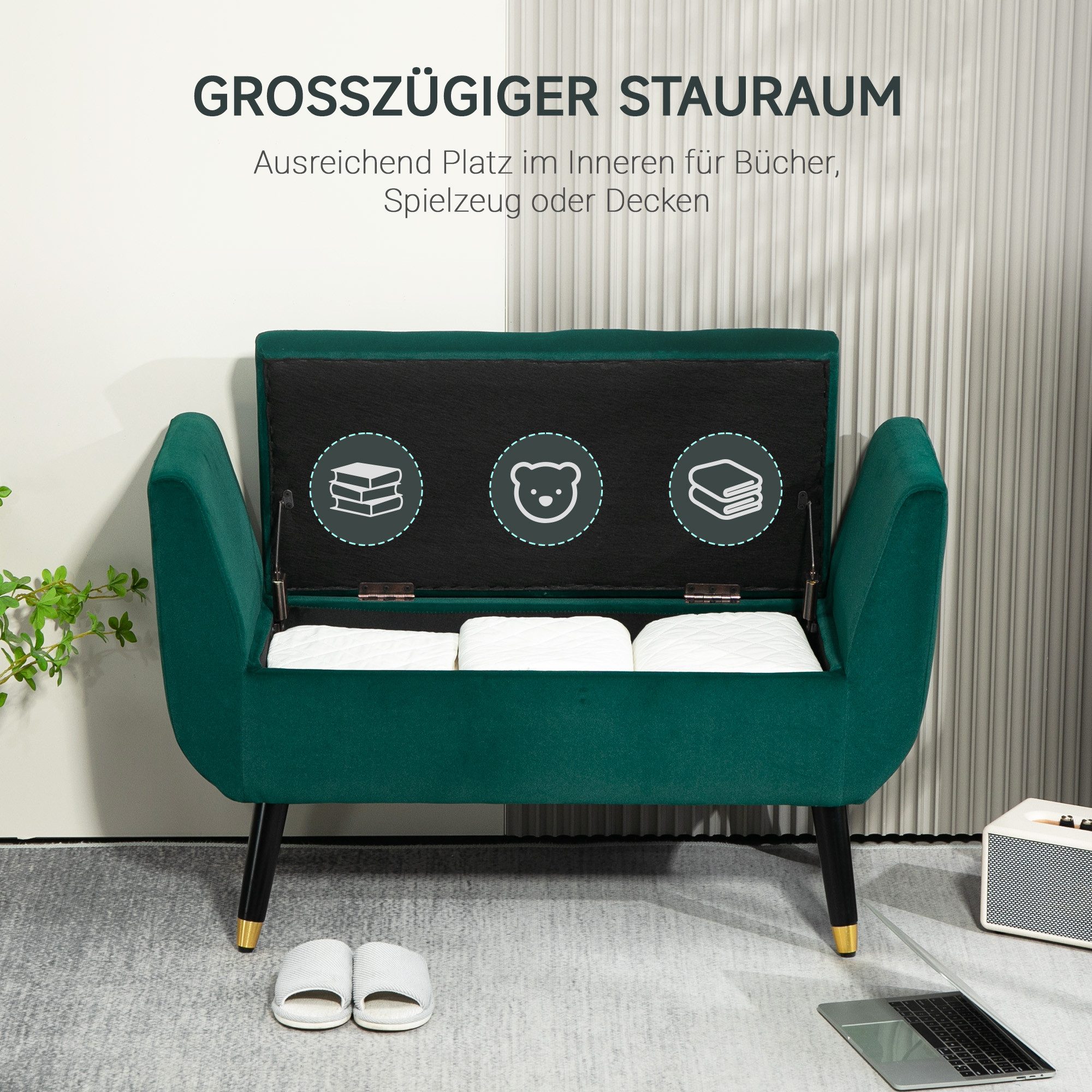 HOMCOM Sitzbank Polsterbank mit Armlehnen und Samtoptik, Sitztruhe mit Holzbeine (Truhenbank, 1-St., Polsterbank), Gummiholz Grün 107 x 42 x 65 cm – Bild 4 von 5