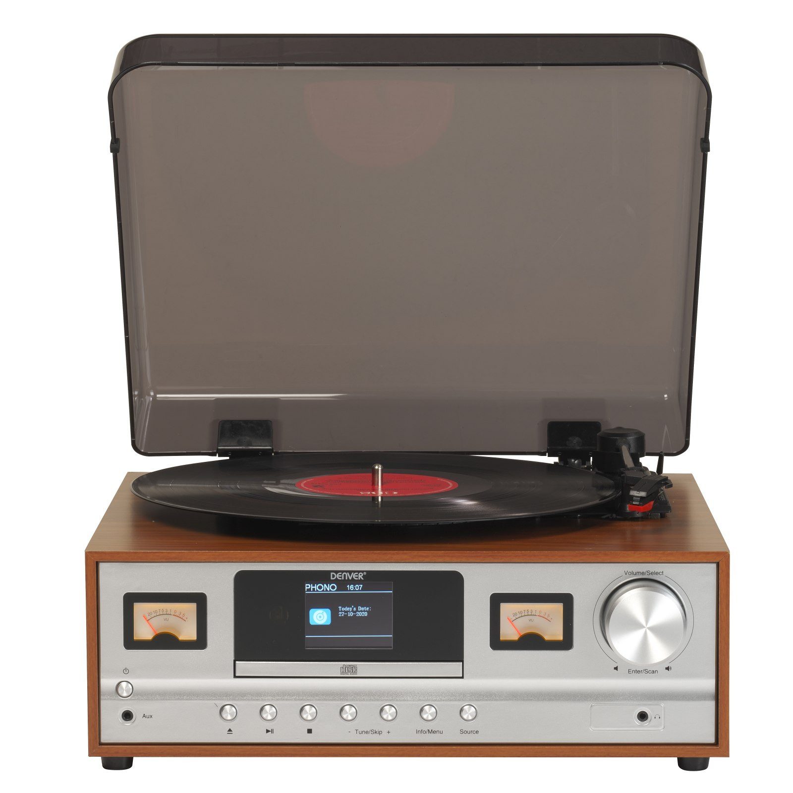 Denver MRD-52LW Retro Musikcenter mit DAB+ VU-Meter Bluetooth Проигрыватели Multifunktionsspieler (Riemen - mit einstellbarem Auto-Stopp, Equalizer, Holz-Gehäuse, Fernbedienung)