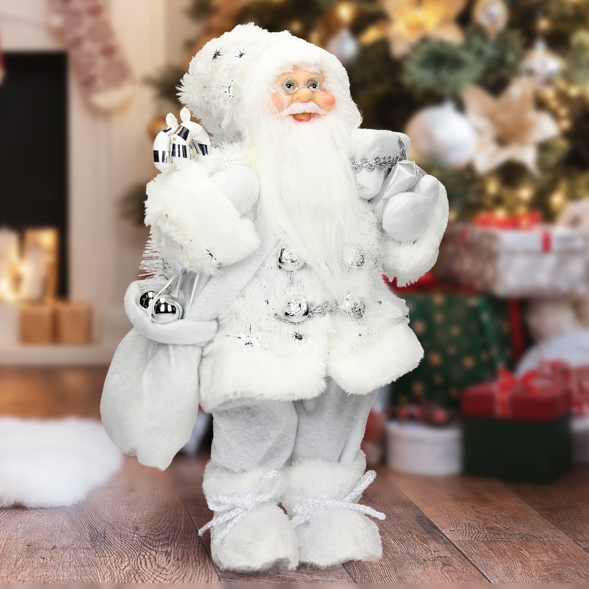 ECD Germany Weihnachtsfigur Weihnachtsmann Deko-Figur, 37 cm hoch, Weiß,  mit Geschenkesack, und Geschenke, detailreich, Santa-Claus Figur Winterdeko  Weihnachten