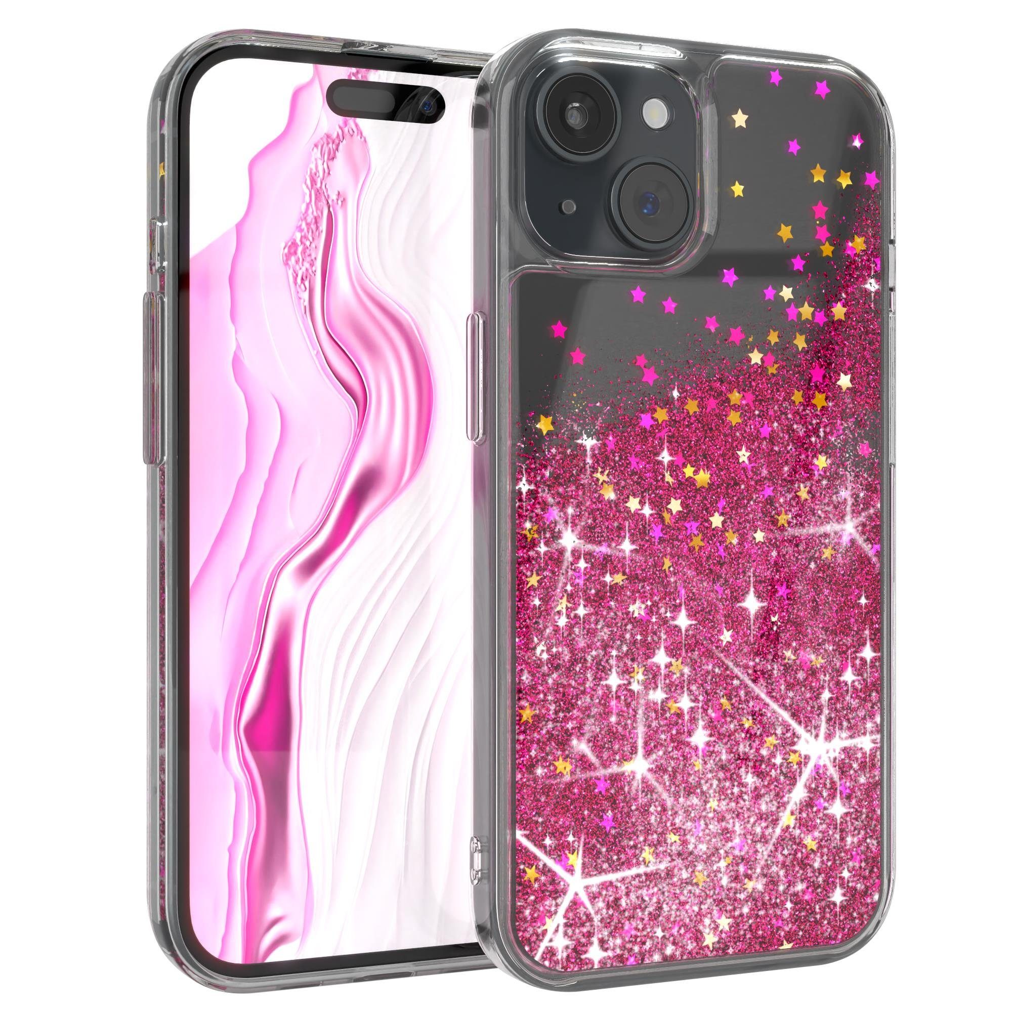 EAZY CASE Handyhülle Liquid Glittery Case für Apple iPhone 15 6,1 Zoll, Glitzerhülle Shiny Slimcover stoßfest Durchsichtig Bumper Case Pink