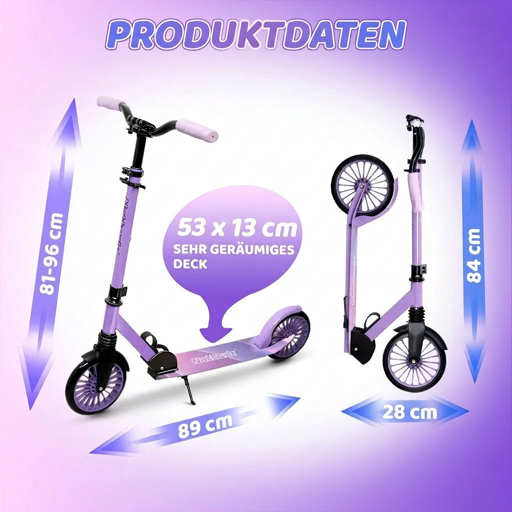 Nattork Scooter für Erwachsene, verstellbare Höhe 81-96cm, klappbar, (1 tlg), Faltbarer Tretroller mit 8" großen Rädern, Anti-Erschütterungsfederung – Bild 2 von 5