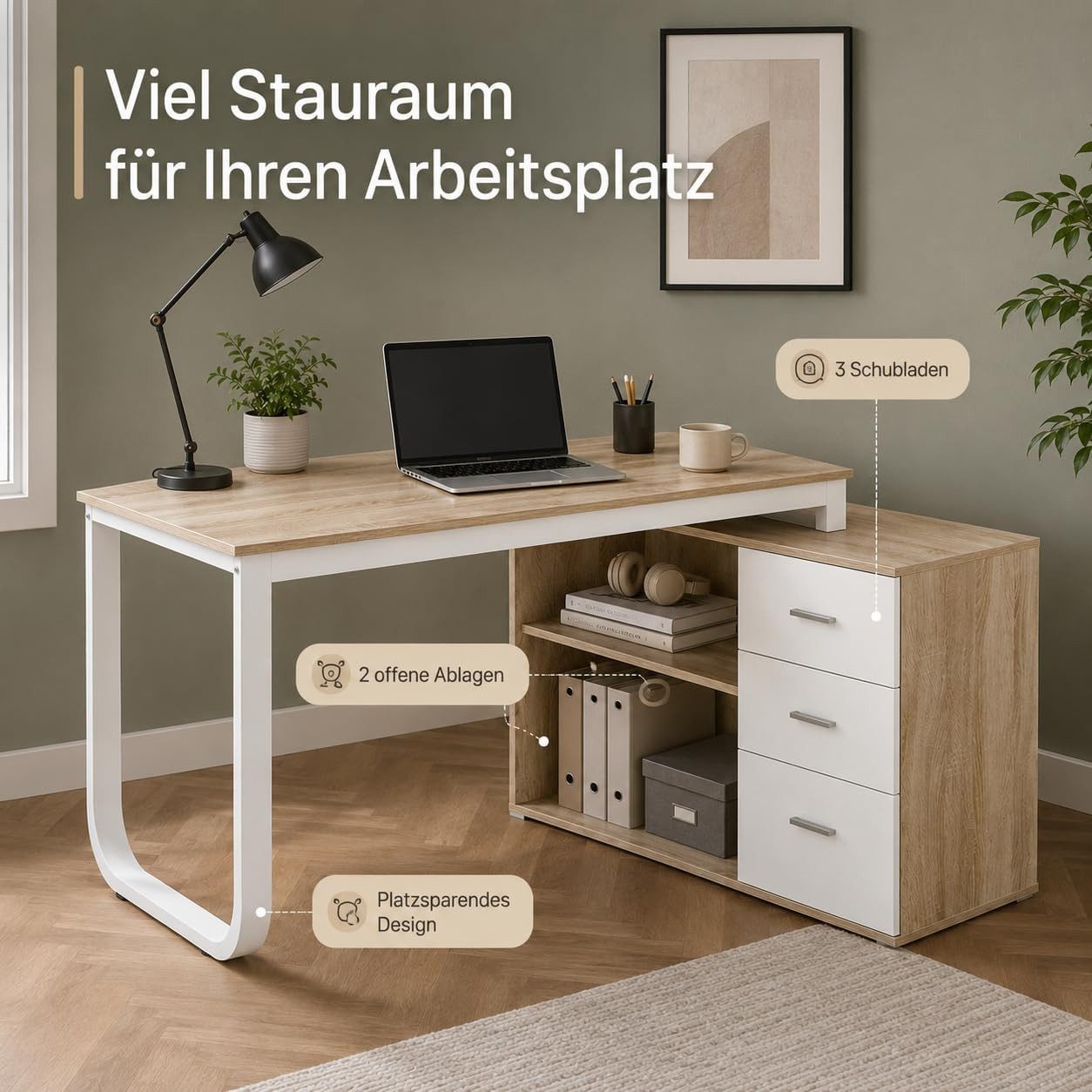 FUFU&GAGA Schreibtisch 80-160cm Computertisch Homeoffice, Weiß & Holz, LED