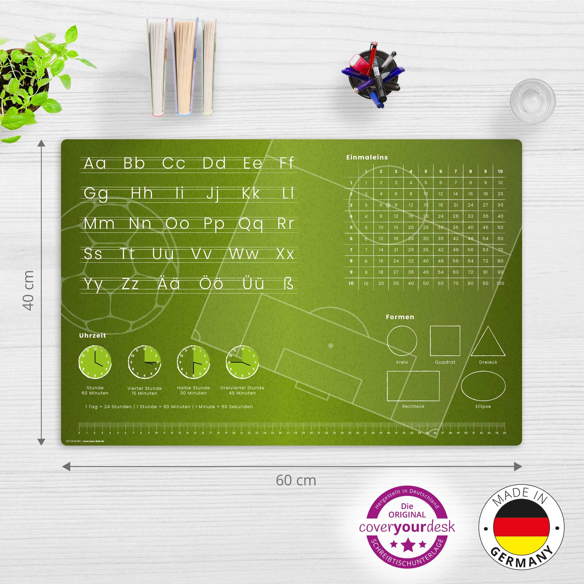 cover-your-desk.de Schreibtischunterlage Lernunterlage Fußballfeld - abc 1x1 für Kinder- Made in Germany, (1 tlg)