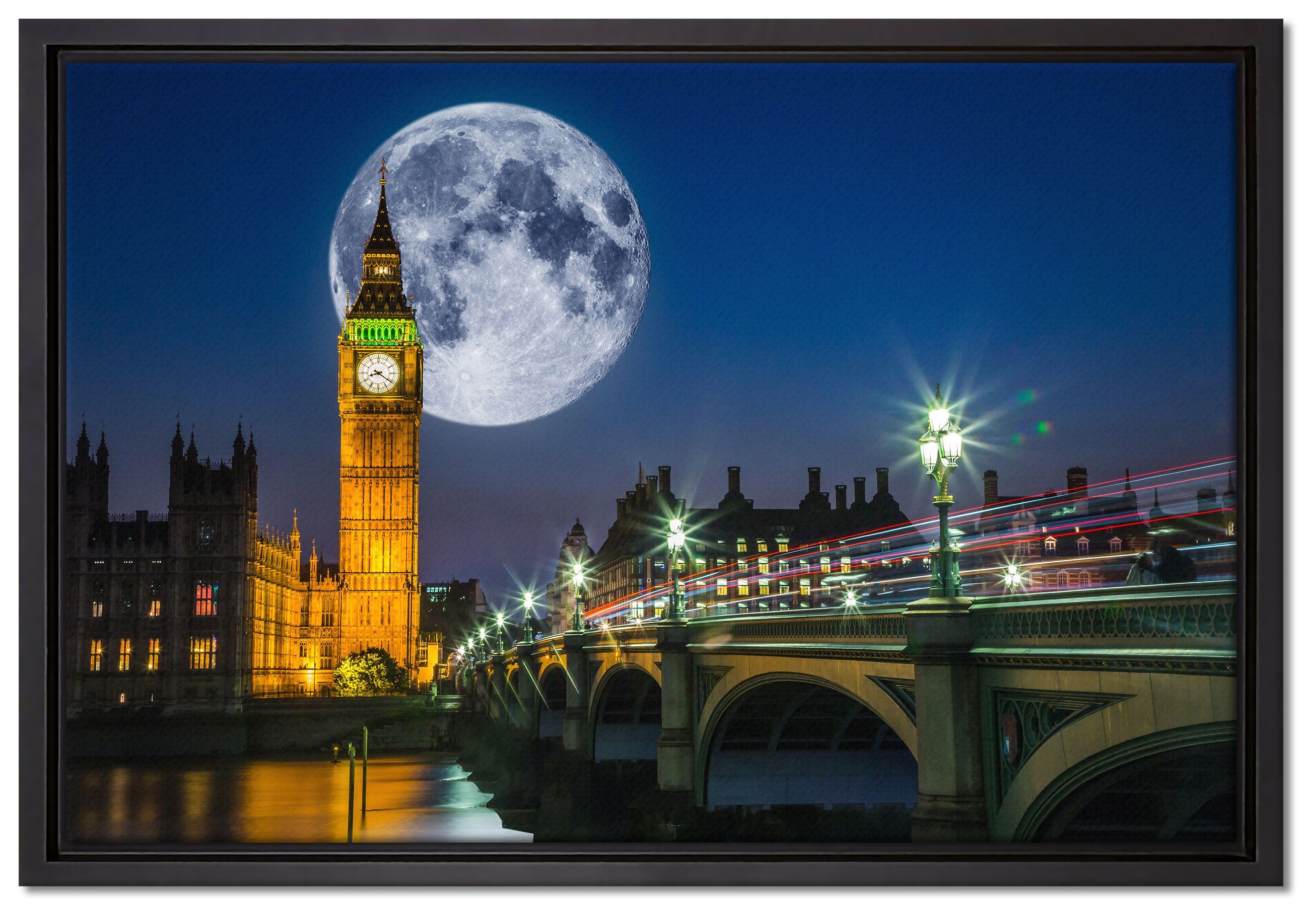 Pixxprint Leinwandbild Big Ben vor Mond in London, Wanddekoration (1 St), Leinwandbild fertig bespannt, in einem Schattenfugen-Bilderrahmen gefasst, inkl. Zackenaufhänger