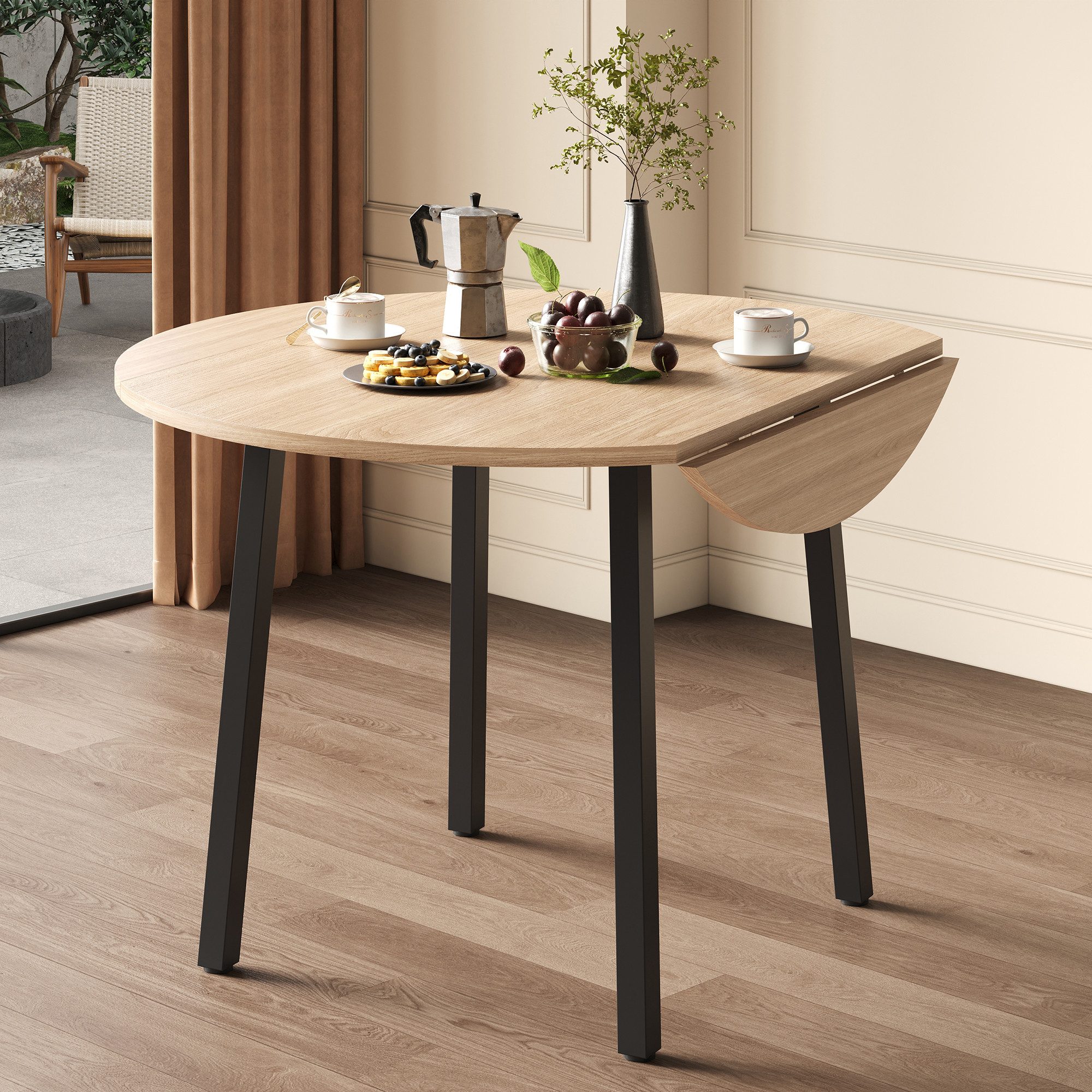 MODFU Esstisch Platzsparender Esstisch für 2-4 Personen (Packung, 1-St., Praktische 100x100 cm Größe für variable Nutzung), Rund, klappbare Platte in Eichenfarbe, mit Metallbeinen