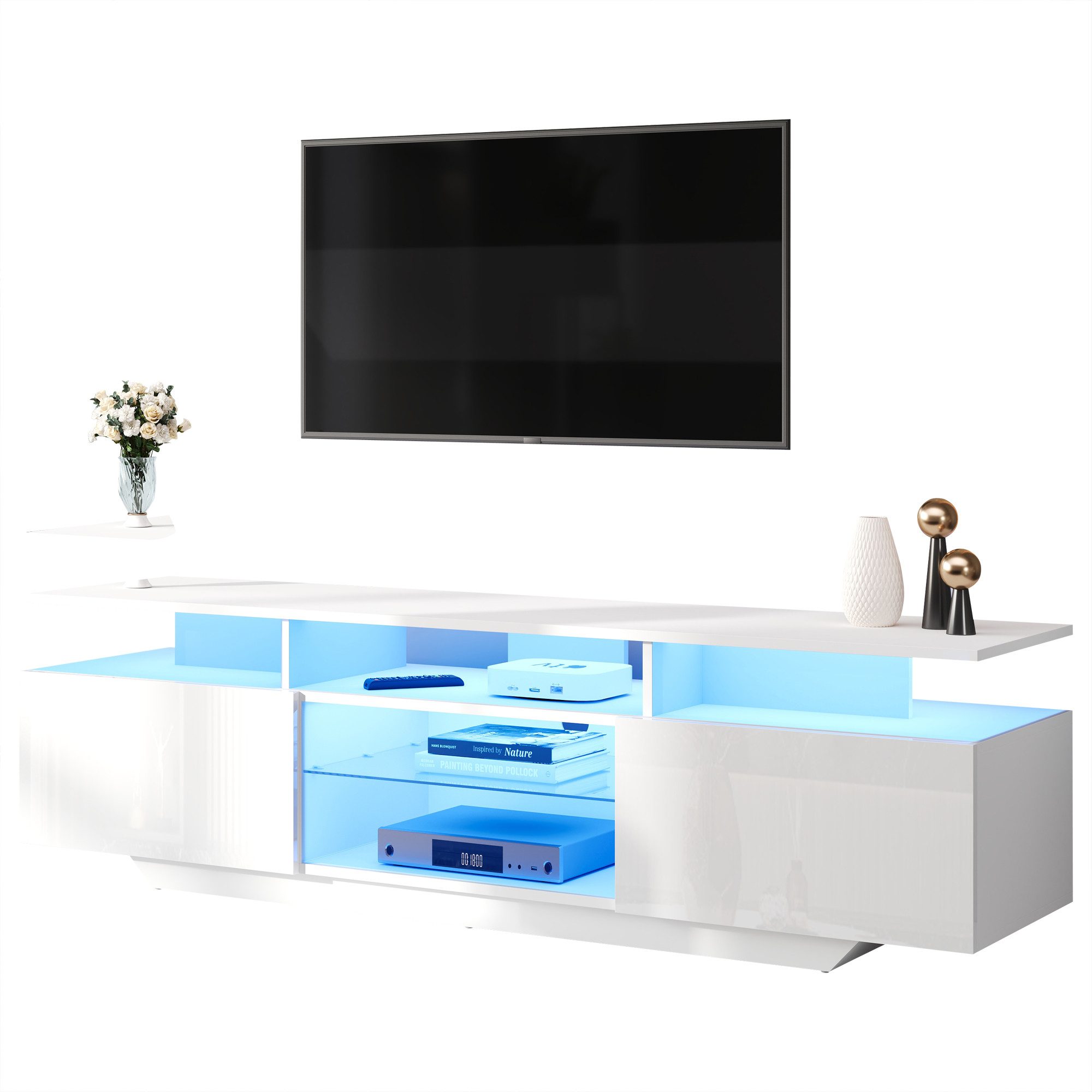 Merax Lowboard mit LED-Beleuchtung, Hochglanzfront & Glasregalen (1 St., für 70-Zoll-Fernseher), TV-Schrank TV-Board mit 2 Schränke & 8 Ablageflächen, 160x40x45cm