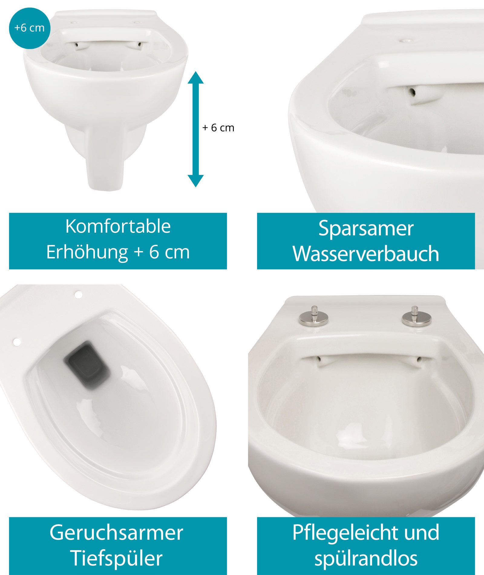 Calmwaters Tiefspül-WC Wand-WC spülrandlos mit Erhöhung, wandhängend, Wandmontage, Set mit WC-Sitz, Spülrandlos, 6 cm erhöht, WC-Sitz Absenkautomatik, Weiß, 08AB5815