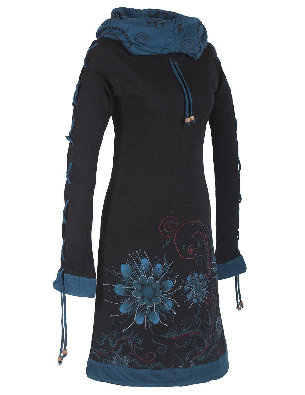- Schalkragen Goa schwarz Bedrucktes Hippi, Style Midikleid Blumen Kleid Vishes mit Boho, Schnüren Ethno,