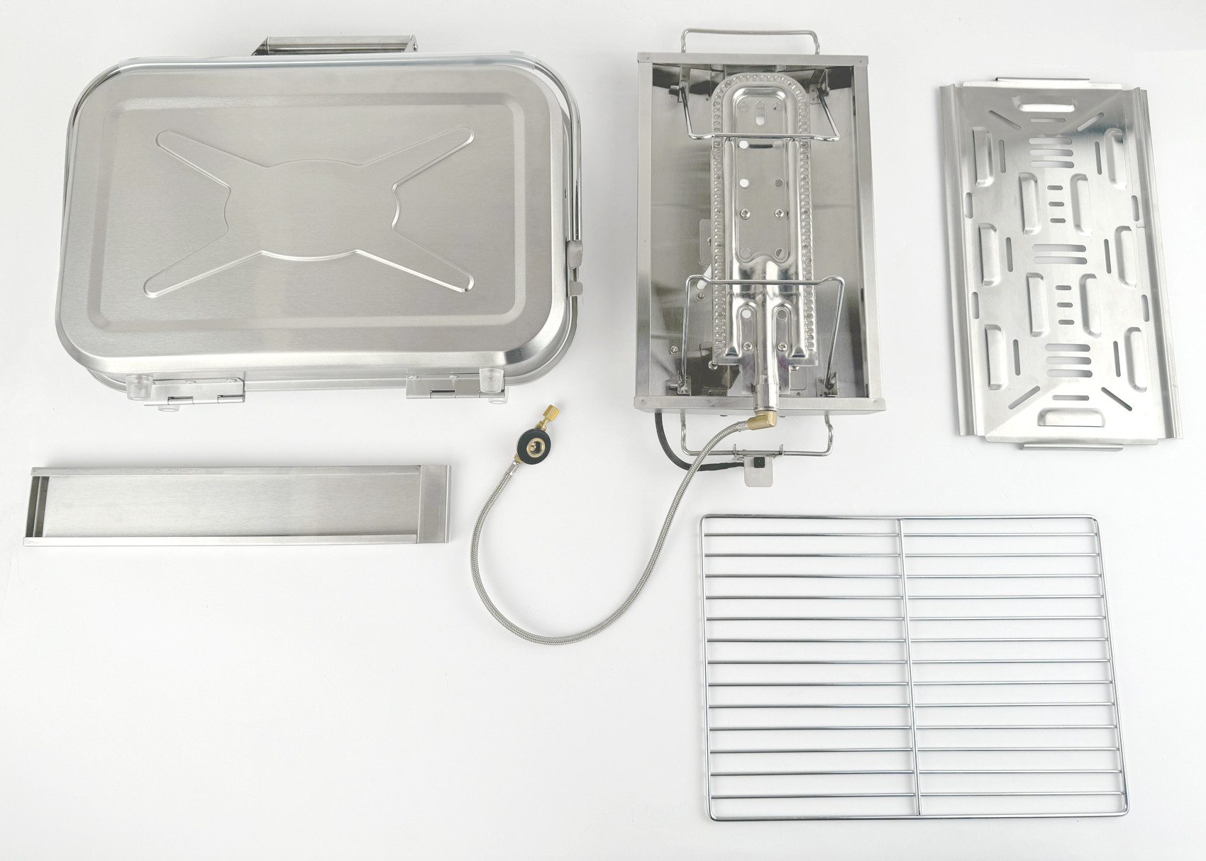 GARDINGER Camping-Gasgrill Edelstahl-Campinggrill BBQ 45 Set mit EN417-Schraubkartusche 450 g, Set, Campinggrill Set, Klappmechanismus, Edelstahlgrillzange, Grillfläche 325x235 mm