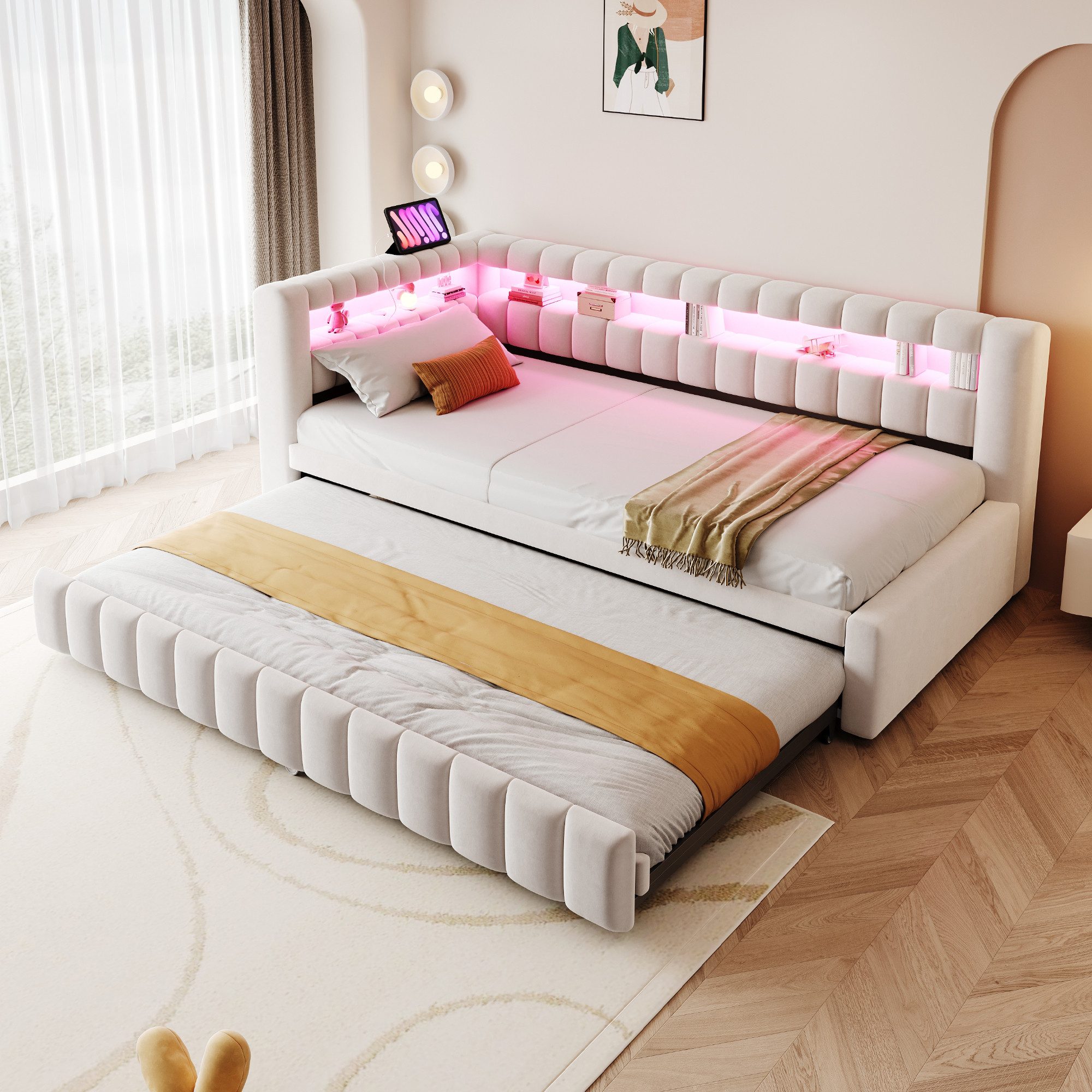 Merax Daybett mit LED-Beleuchtung und Ladeanschluss (Tagesbett Schlafsofa Sofabett Kinderbett, 1 tlg), Polsterbett 90x200cm mit Ausziehbett 90x190cm & Ablagefach, Samtbezug