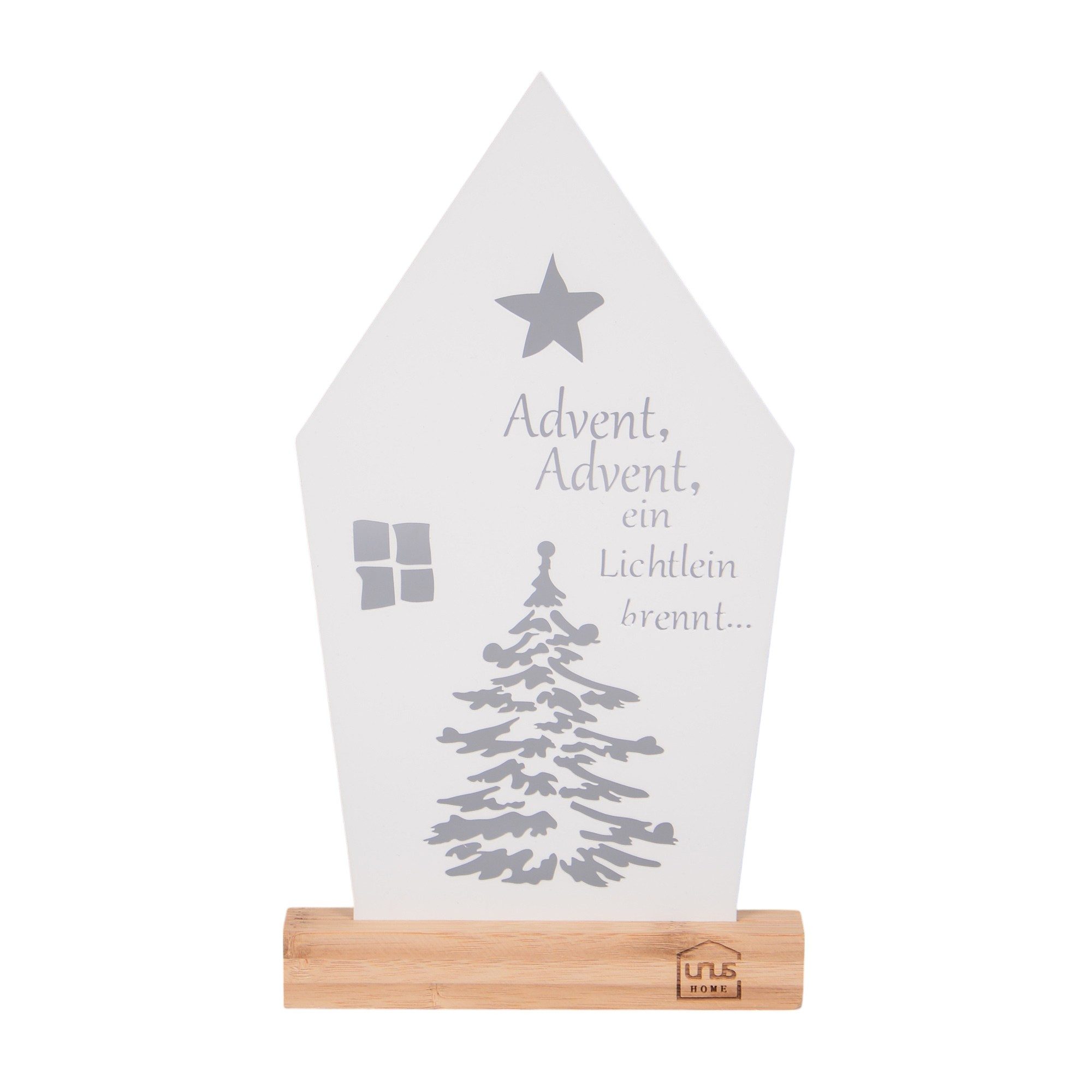 UNUS HOME Dekofigur Aufsteller Haus mit Baum und Stern schwarz (UNUS® Aufsteller Advent Deko in Hausform mit Spruch und Stern), adventsdeko, spruch aufsteller, hausform deko, bambus fuß, tischdeko