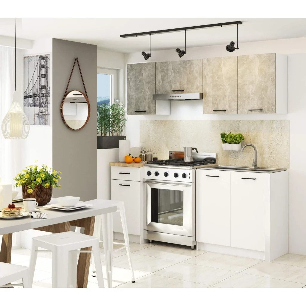 Raumhirsch Furniture Küchenzeile Modular erweiterbare Küchenzeile - Für kleine Küchen - Küchenblock, Hochwertiges Küchenmöbel Set aus Sonoma Eiche & Weiß