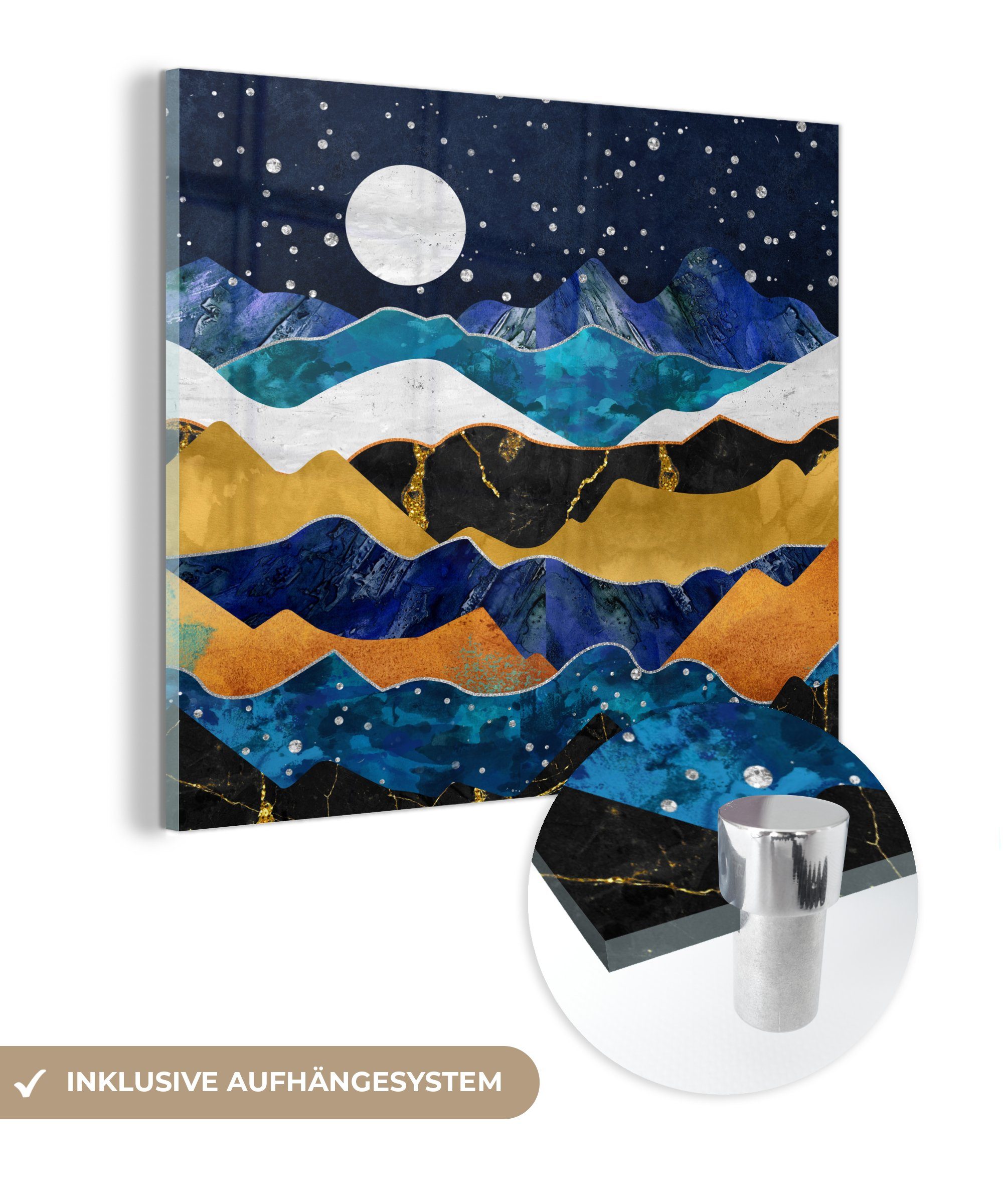 MuchoWow Acrylglasbild Nacht - Gold - Marmor - Abstrakt - Landschaft - Berg, (1 St), Glasbilder - Bilder auf Glas Wandbild - Foto auf Glas - Wanddekoration