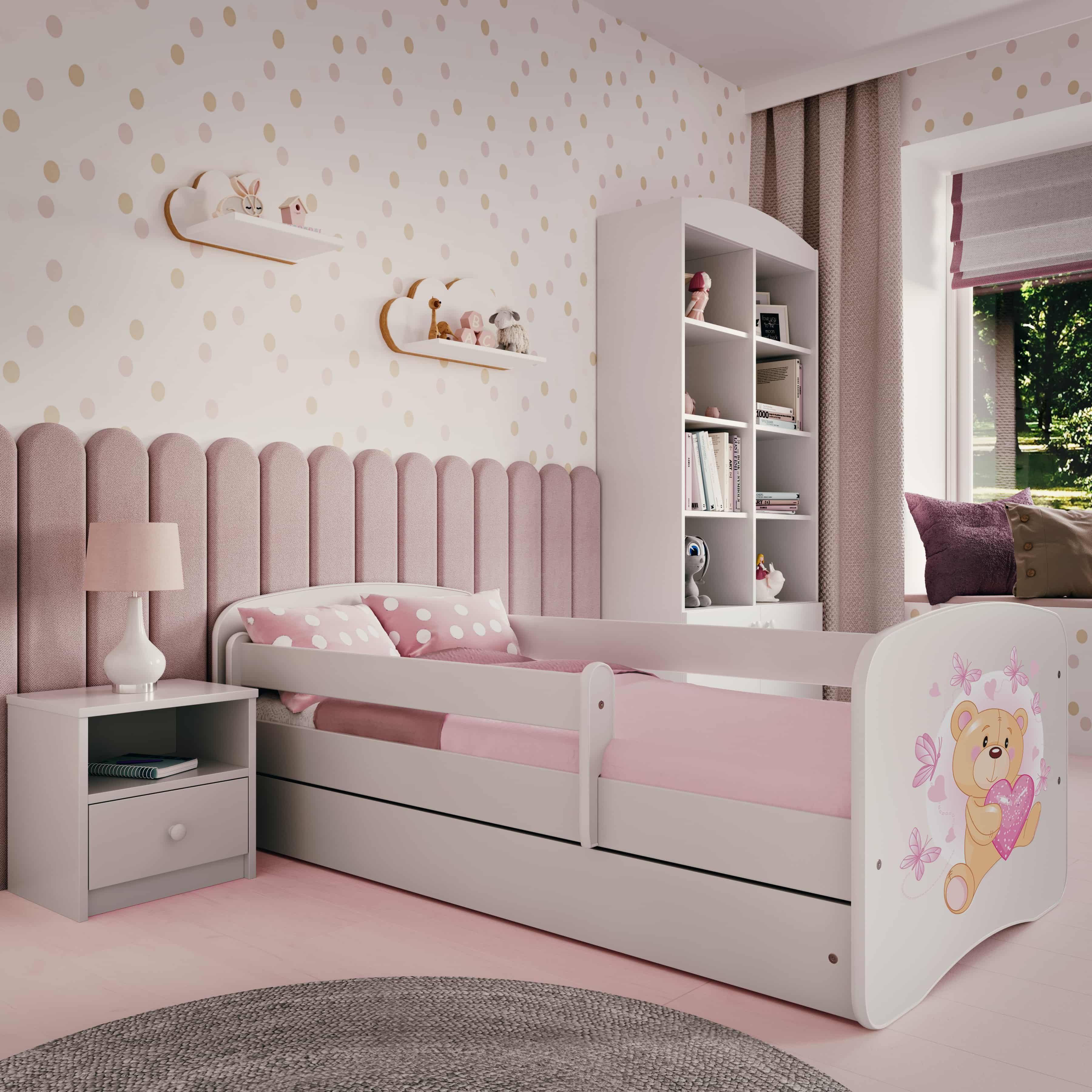 Raumhirsch Furniture Kinderbett 70x140, 80x160, 80x180 cm - Komplettset mit Matratze & Schublade (Bett für Mädchen, Einzelbett Kinder 2–12, mit Rausfallschutz & Lattenrost), verschiedene Farben & Designs