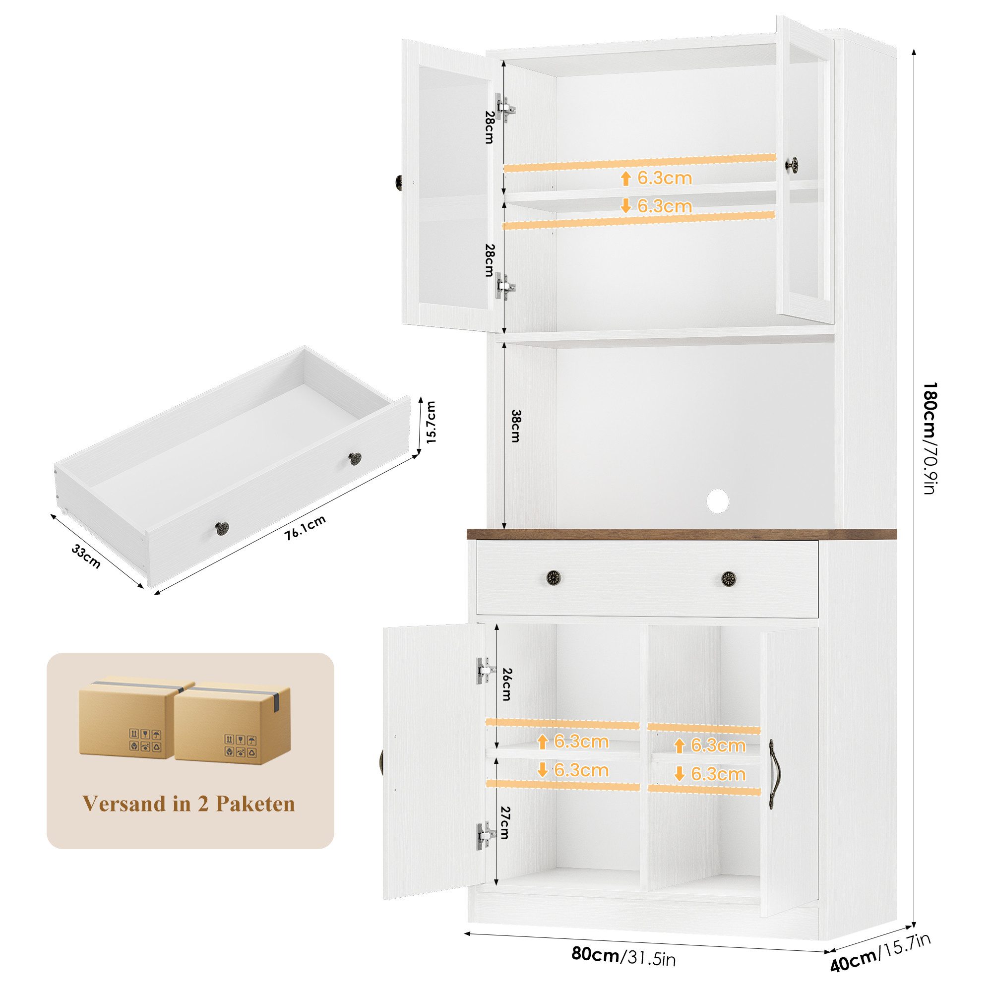 HOMECHO Küchenbuffet 180cm Küchenschrank Weiß mit Arbeitsplatte, 4 Türen, 2 Schubladen – Bild 2 von 5