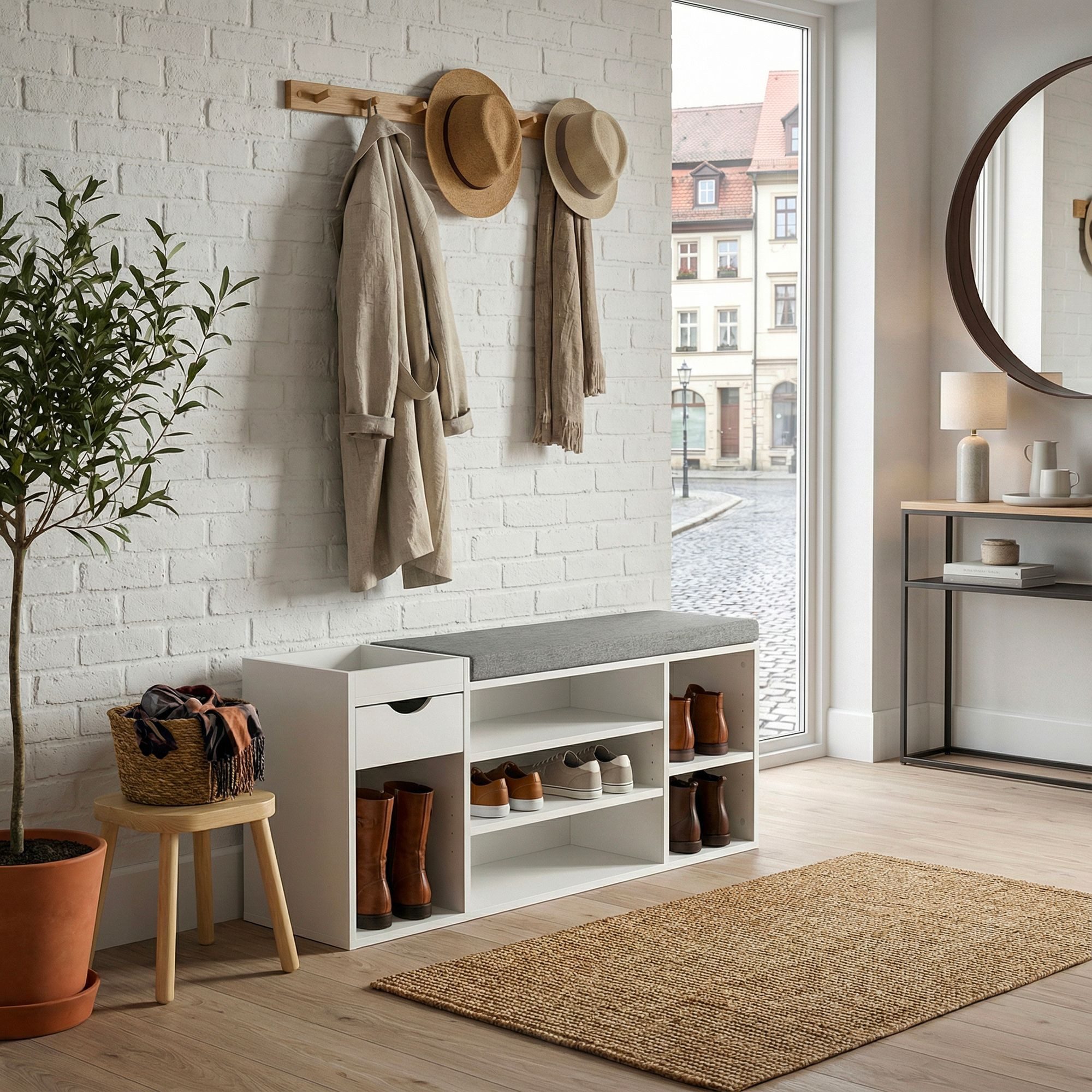 FINEBUY Schuhbank FB78602 Garderobenbank Weiß 100cm Flurbank Sitzbank Schuhregal Flur (Ordnung und Sitzkomfort für deinen Eingangsbereich), Flexible Ablagen und Schublade clever kombiniert