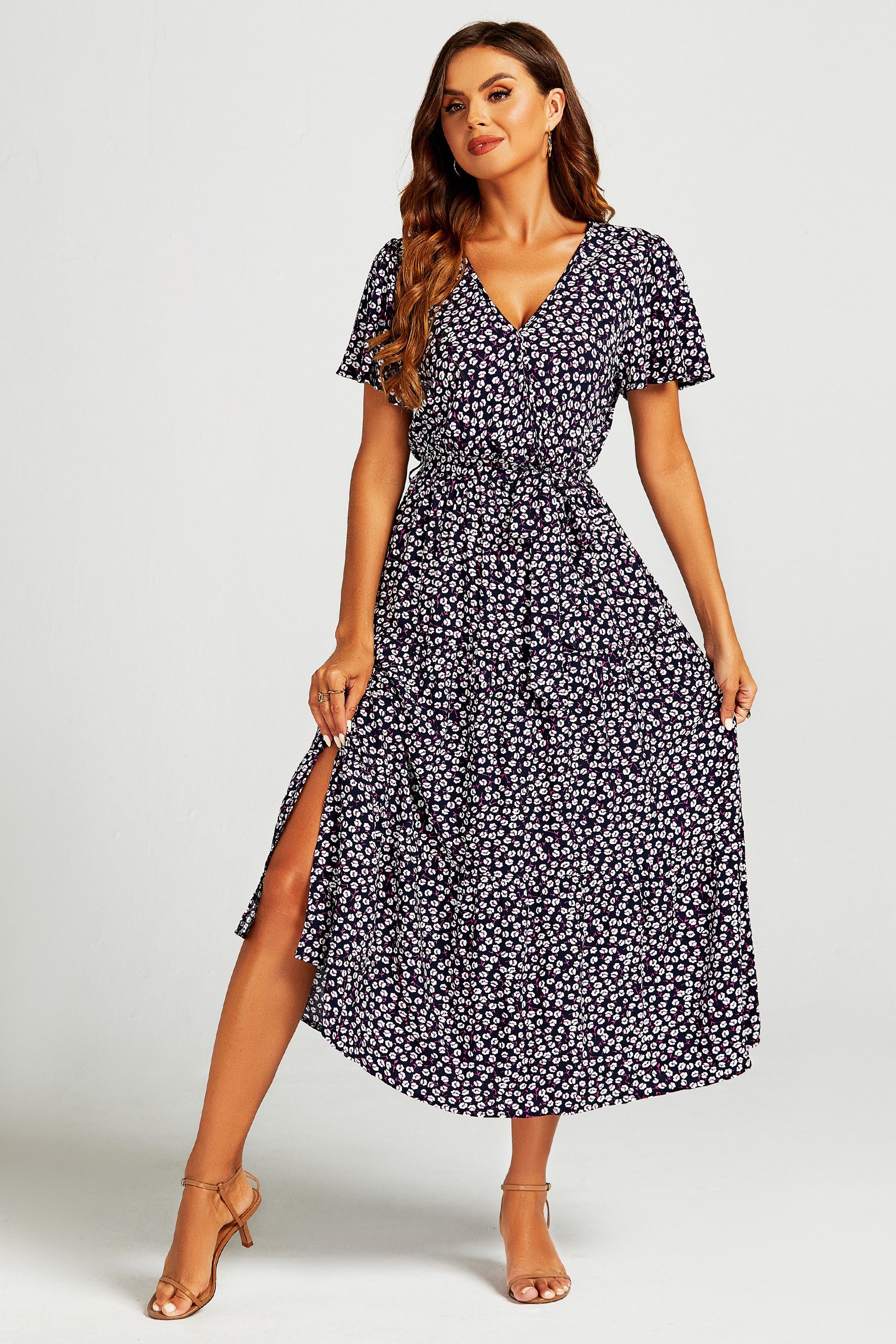 FS Collection Midikleid Damen Bedrucktes Midikleid mit Wickelausschnitt und Schlitz (XS (EU:36 / UK:8) · S (EU:38 / UK:10) · M (EU:40 / UK:12) · L (EU:42 / UK:14) · XL (EU:44 / UK:16), 6 Farben: Hellblau, Grün, Pink-Grün, Weiß-Blau, Marineblau, Schwarz) 100% Viskose Qualität, Beinschlitz, Stufenrock, floraler Print