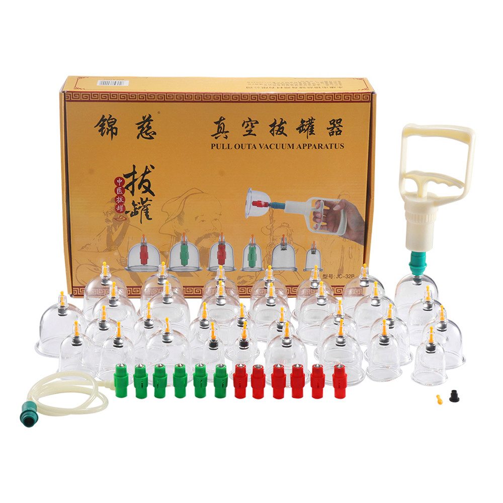 LEMLIT Vakuum-Massager Vakuum-Schröpfset mit 32 Schröpfköpfen, Handpumpe & 69 cm Schlauch, 32er Set 32-tlg., 32tlg, Vakuum Massage Set, Für …