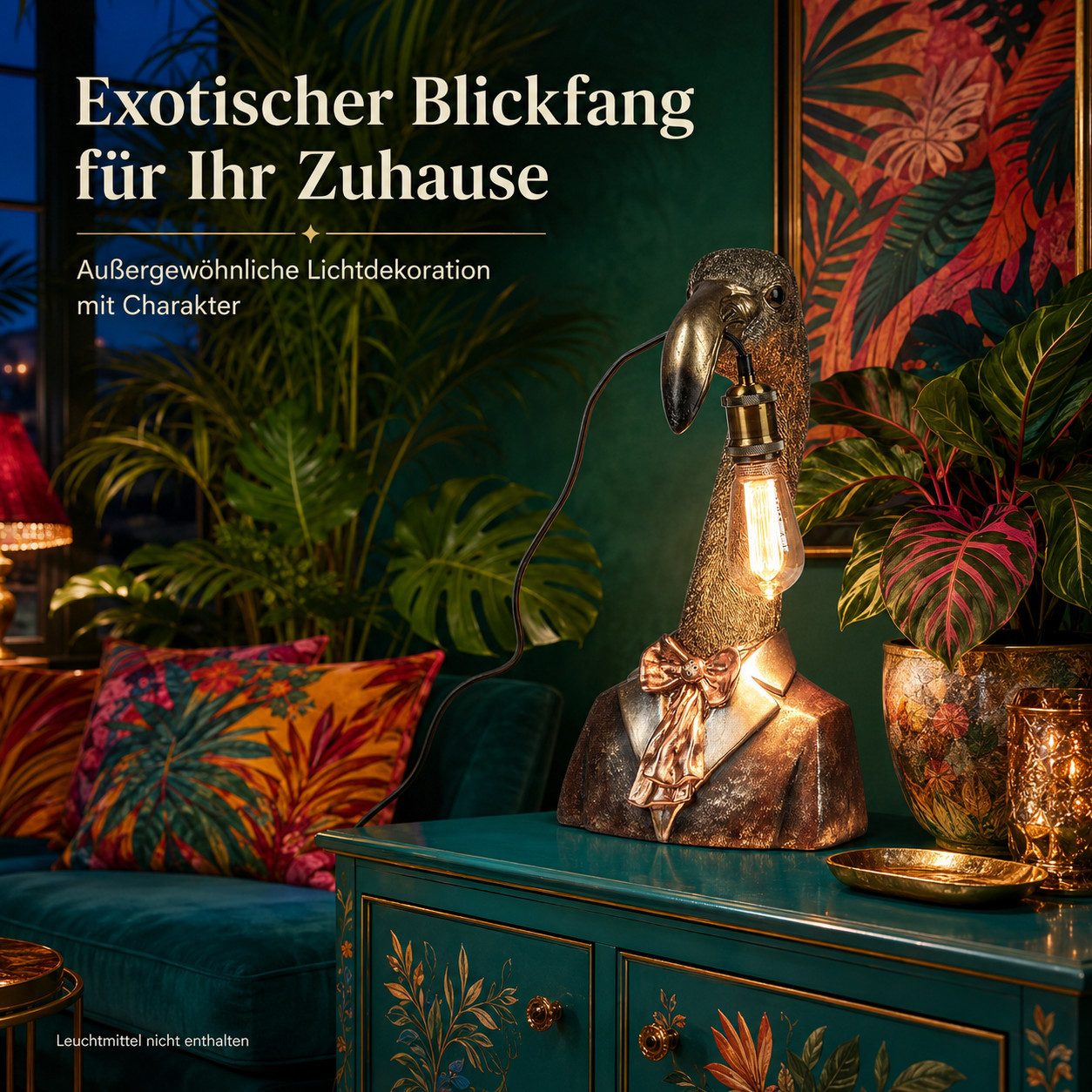 Kremers Schatzkiste Tischleuchte Tischlampe Flamingo aus Kunststein mit E27-Fassung, 49 cm, LED fest integriert