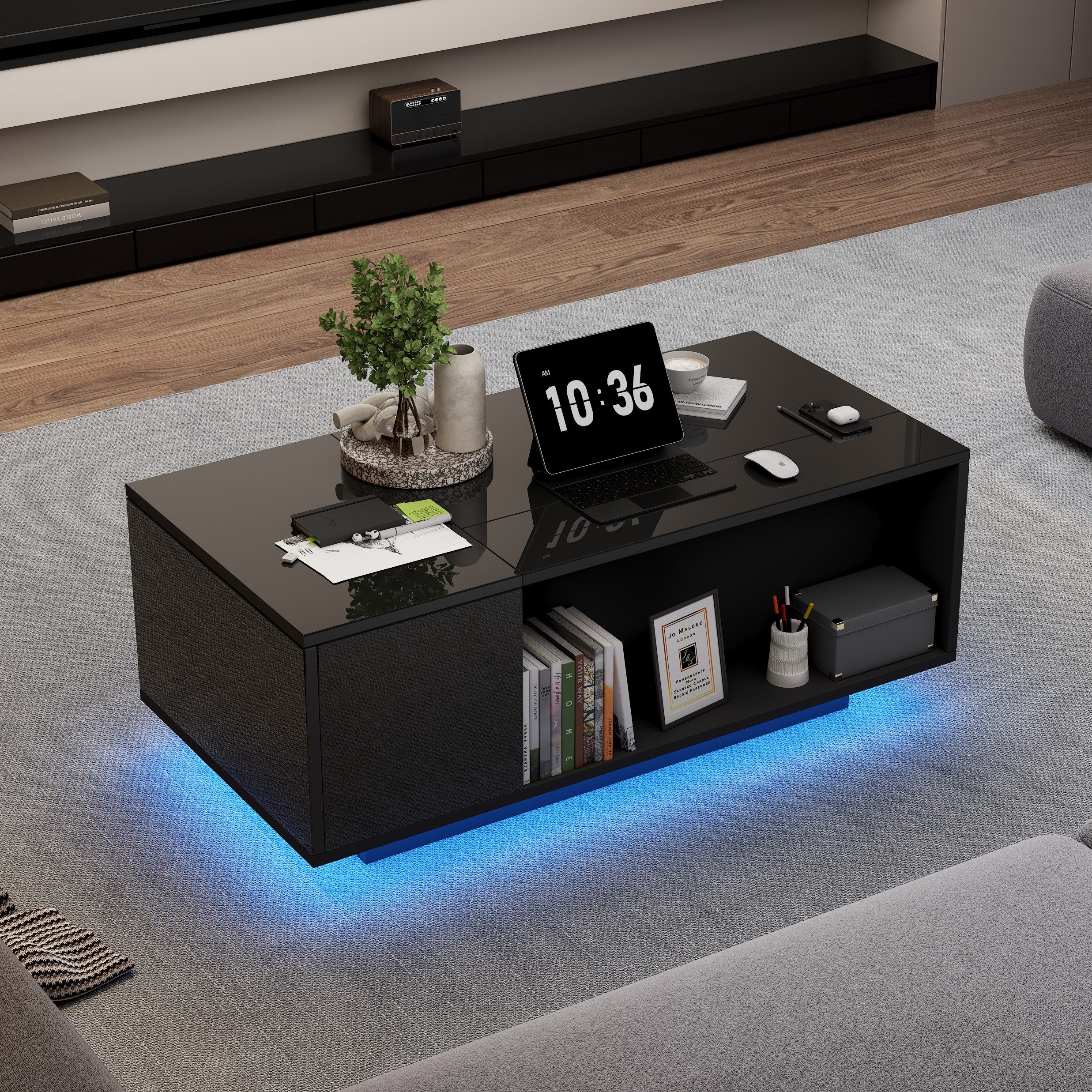 Merax Couchtisch hochglanz höhenverstellbarer Wohnzimmertisch mit LED-Beleu günstig online kaufen