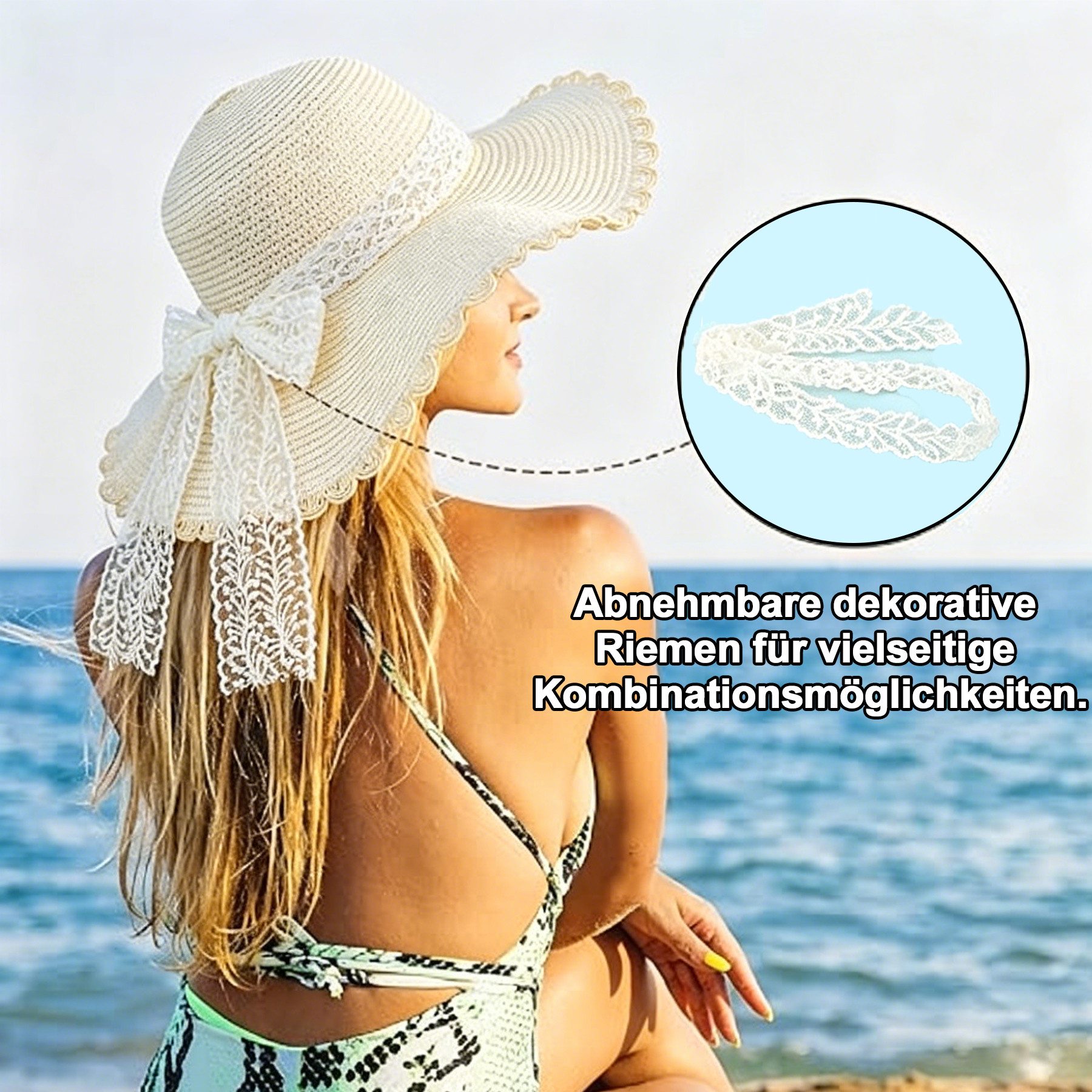 Mutig Strohhut Damen Sonnenhut Strohhut, Strandhut Sommerhut Faltbar Breiter Krempe (Eleganter Sonnenhut für Frauen, Leicht Atmungsaktiv) Sonnenschutz Hut für Strand Urlaub Reisen, Sommer Accessoire