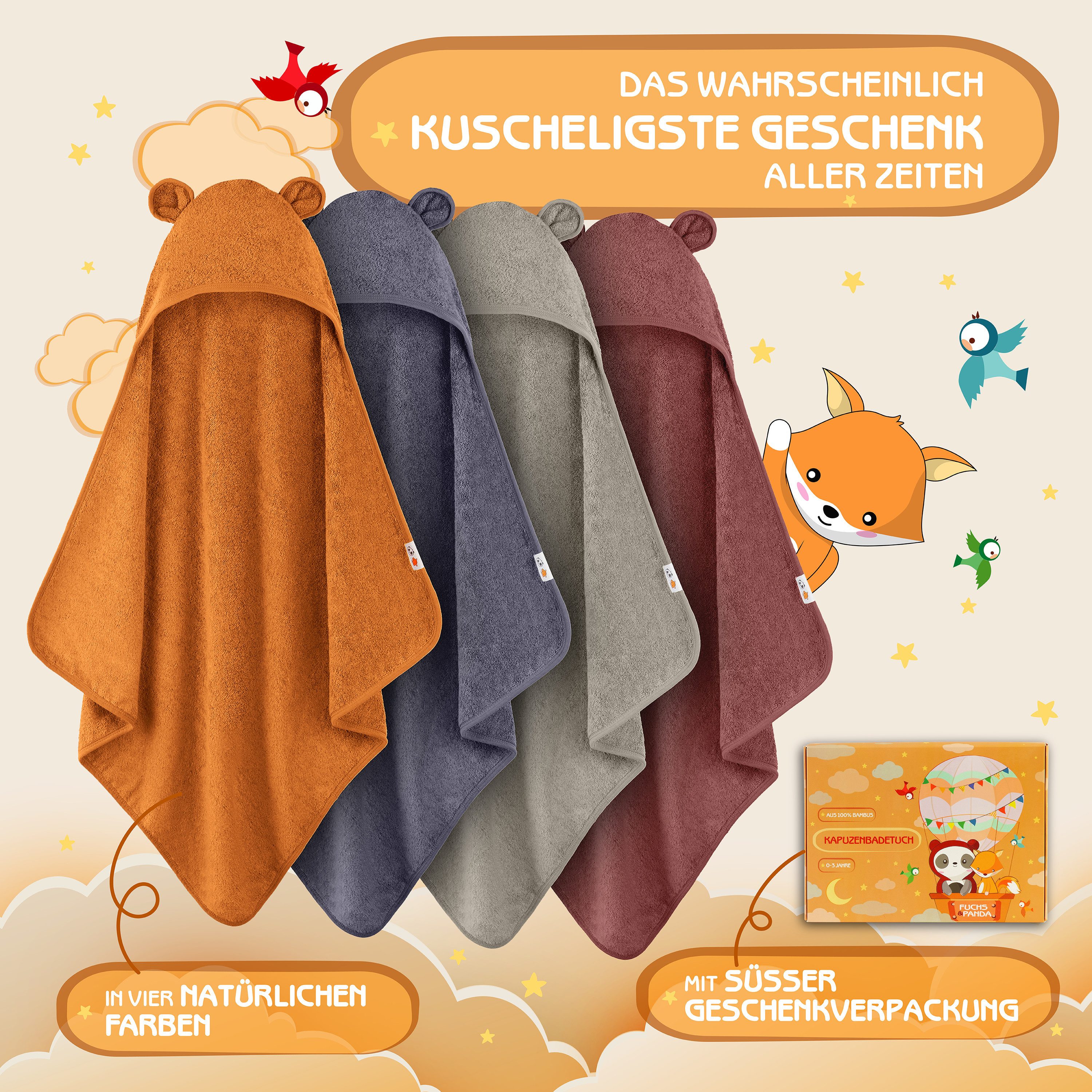 Fuchs & Panda Kapuzenhandtuch Kapuzenhandtuch Baby EXTRA dick, warm & weich aus 100% Bambus, 100% Bambus: Antimikrobiell, Atmungsaktiv, Hypoallergen, Superweich