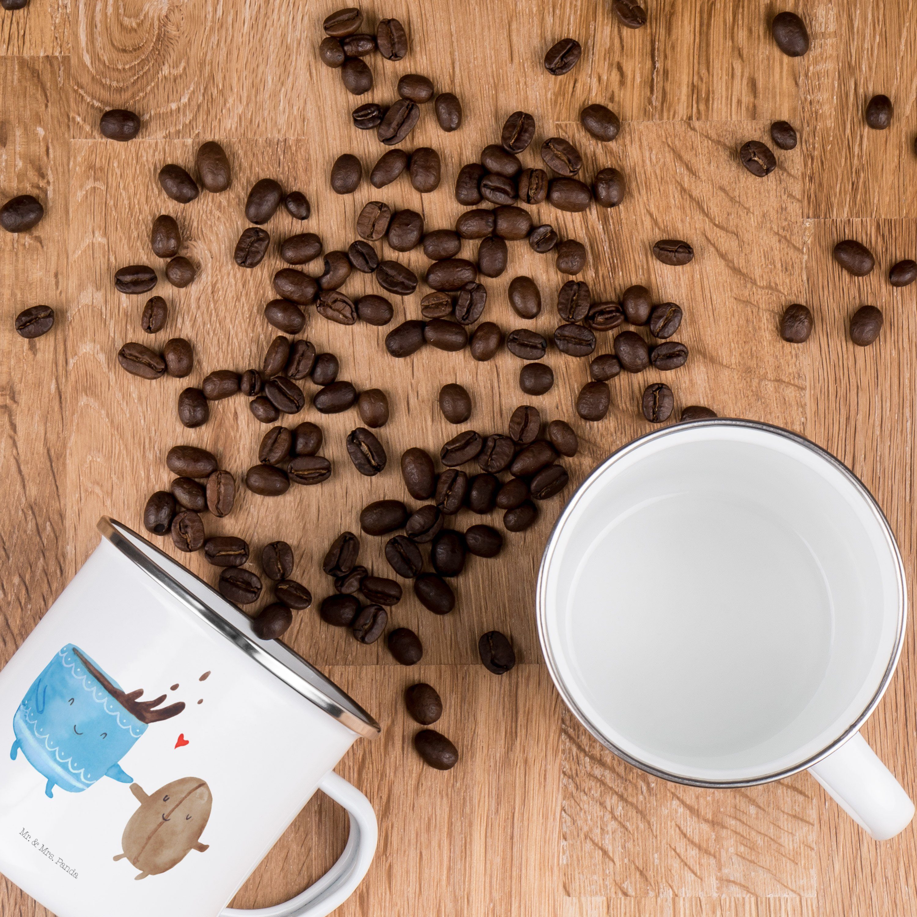 Mr. & Mrs. Geschenk, Emaille für Kaffee Zufriedenheit, Weiß Bohne - Metalltasse Becher Campin, Panda 