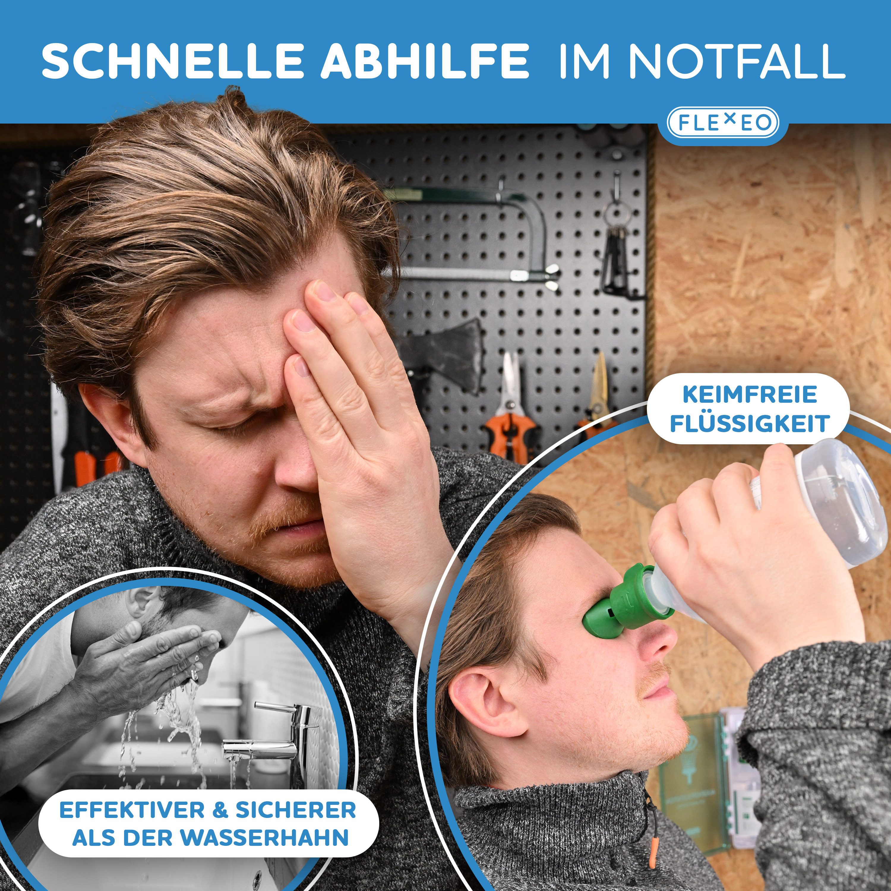 FLEXEO Erste-Hilfe-Set, (1 St), Augenspülstation, inkl. Wandhalterung, 2 x 500ml NaCl, zur Wandmontage