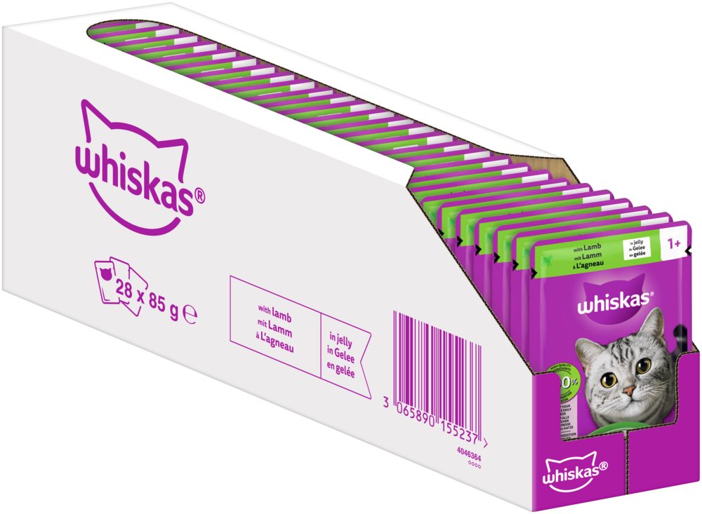 Whiskas WHISKAS® Portionsbeutel 1+ mit Lamm in Gelee 28 x 85g, Nassfutter für: Katze