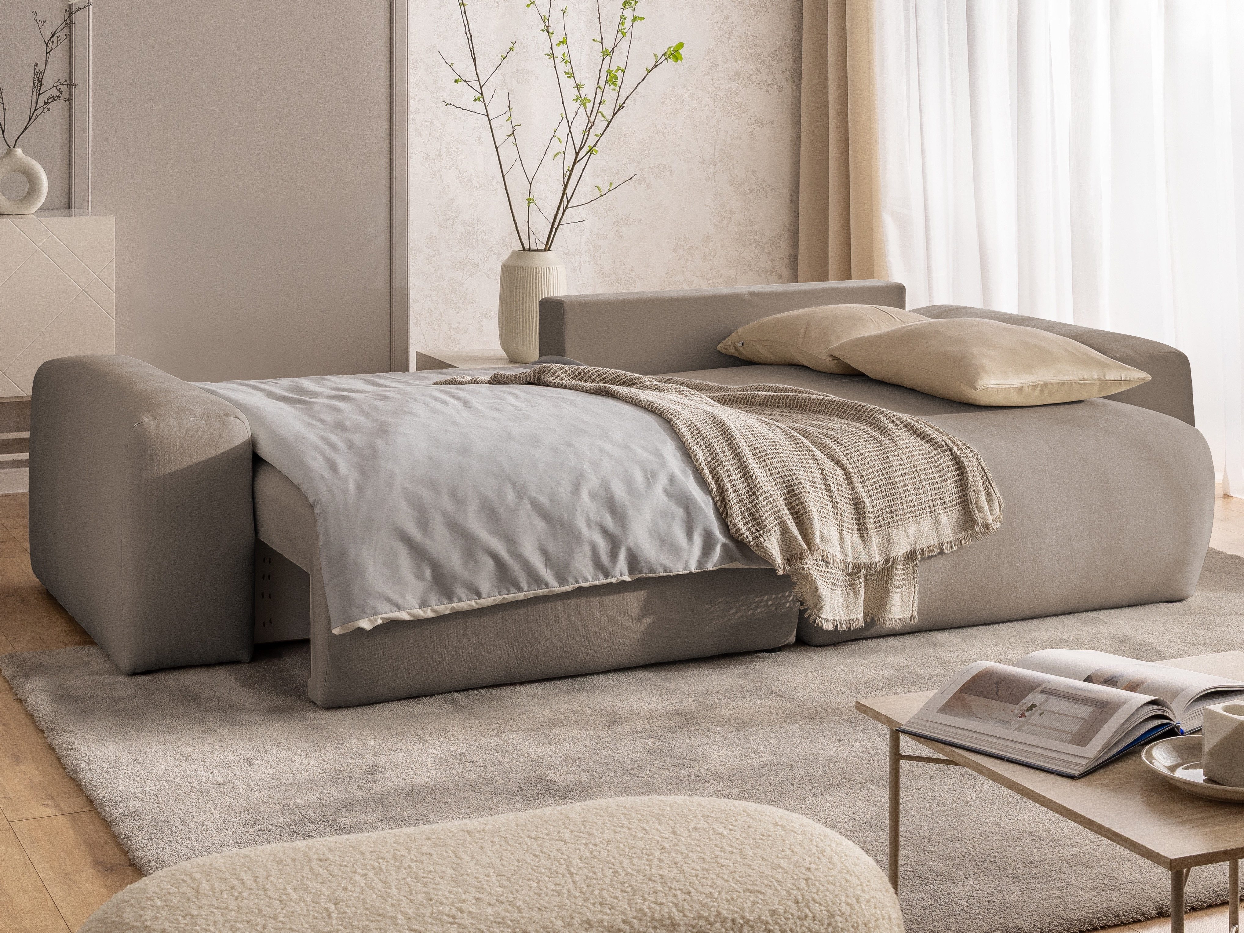 S-Style Möbel Ecksofa Puffy mit Schlaffunktion und Bettkasten - besonders weich und puffig, aus Webstoff, mit Wellenfederung