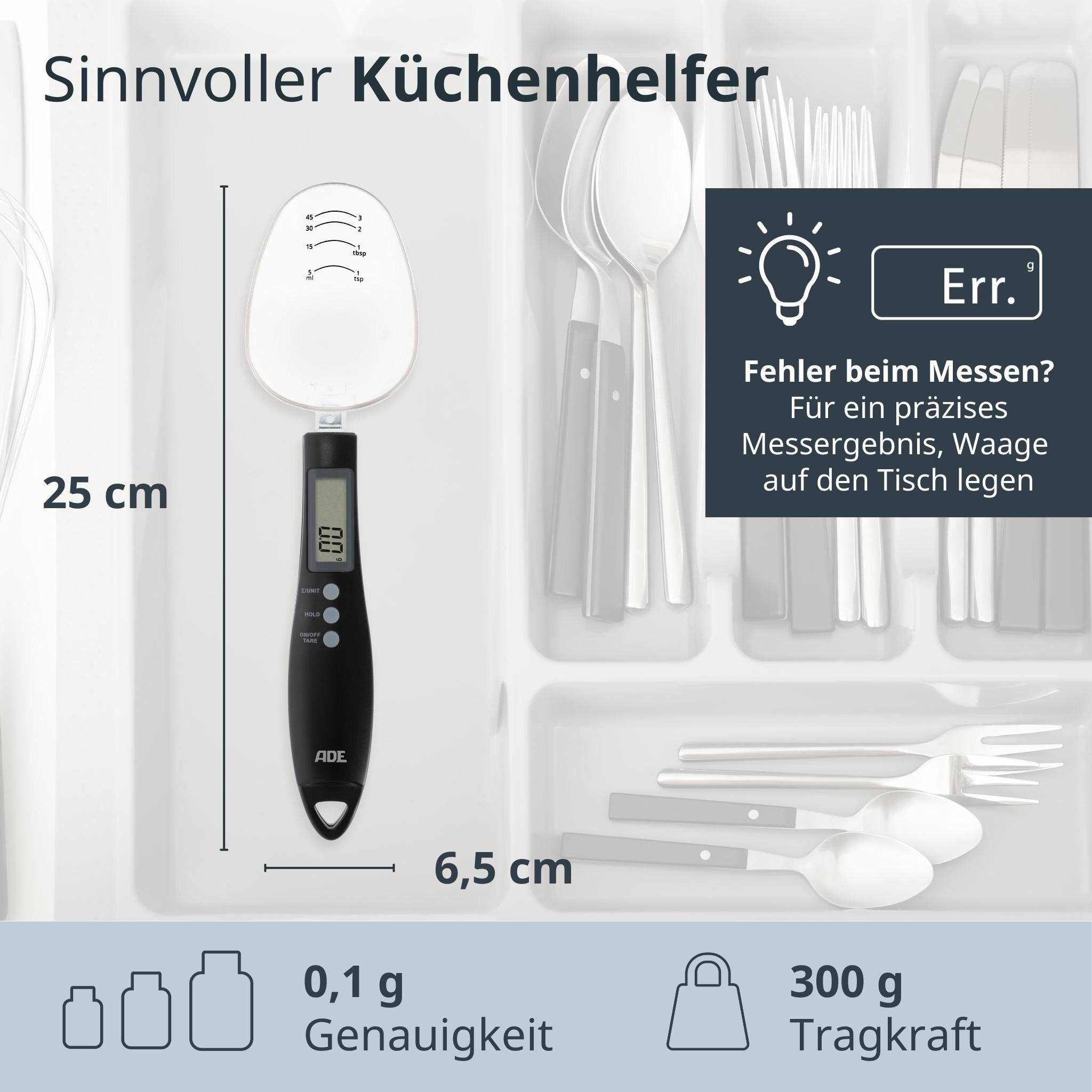 ADE Löffelwaage Digitale Löffelwaage mit abnehmbaren Löffelaufsatz, mit 0,1 g Einteilung, für Gewürze, Kaffee, Tee, Tierfutter bis 300g – Bild 5 von 5
