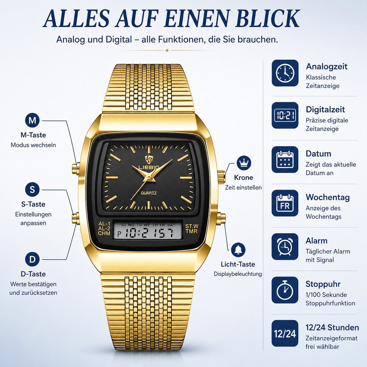 Forrlite Quarzuhr Herren Quarzuhr Analog & Digital, (Retro Armbanduhr mit Edelstahlarmband, Datum, Wochentag, Alarm, Stoppuhr), 12/24H Anzeige, 3 ATM Spritzwass – Bild 4 von 5