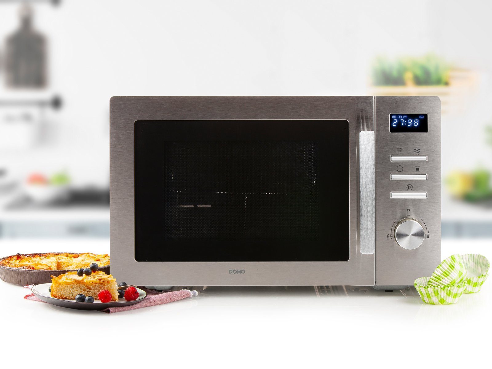 Domo Mikrowelle, Umluft, BBQ Grill, 10 Kochprogramme, Auftaufunktion, 34 l, 3in1 Konvektionsmikrowelle Timer mit Abdeckhaube, Design in Silber