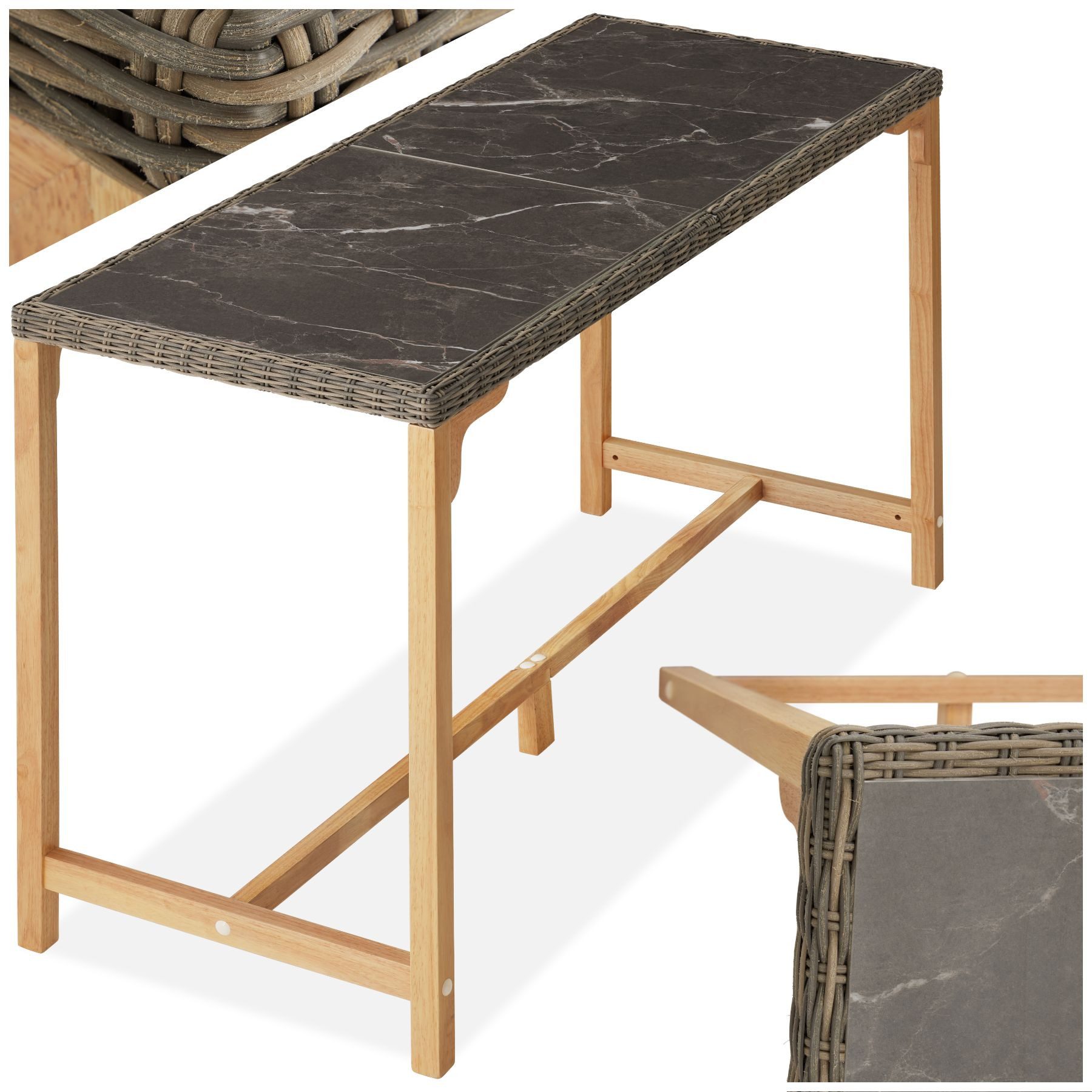 tectake Gartentisch Rattan Bartisch mit Aluminium- und Holzgestell, 161x64,5x99,5cm (Outdoor Esstisch Lovas, 1-St., für Außen in Natur), abnehmbare Feinsteinzeugplatten, wetterfest und UV-beständig