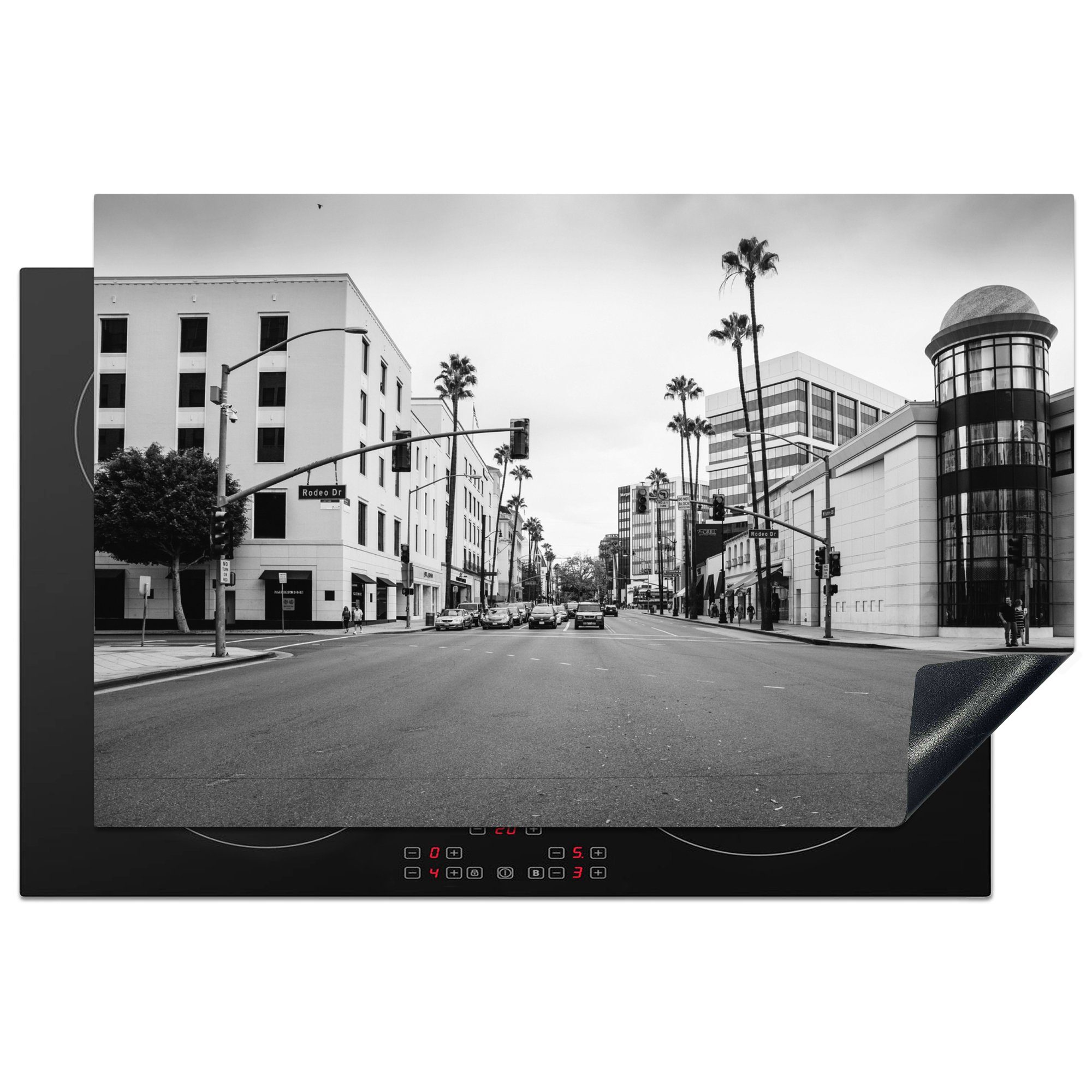 MuchoWow Herdblende-/Abdeckplatte Los Angeles - Rodeo Drive - Schwarz - Weiß, Vinyl, (1 tlg), 81x52 cm, Induktionskochfeld Schutz für die küche, Ceranfeldabdeckung