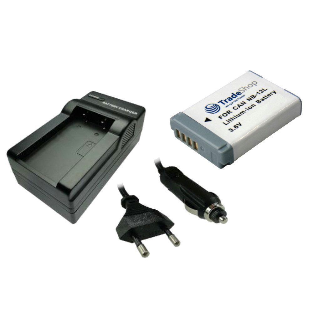 Trade-Shop 2in1 Set passend für Canon PowerShot G5 X Mark II G7 X Ladegerät + Kamera-Akku Li-Ion 1250 mAh (3,6 V), Für 220V Steckdose und 12V/24V Kfz Zigarettenanzünder