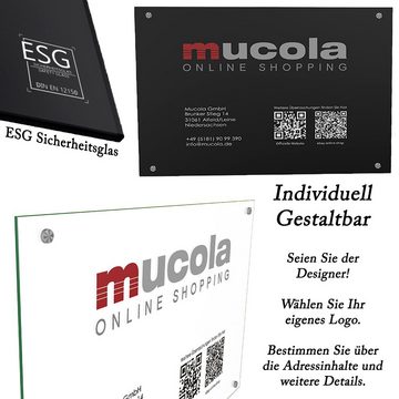 Mucola Hinweisschild Firmenschild Werbeschild Praxisschild ESG Sicherheitsglas Firmenname, (Stück), Hohe Stoß- und Schlagfestigkeit