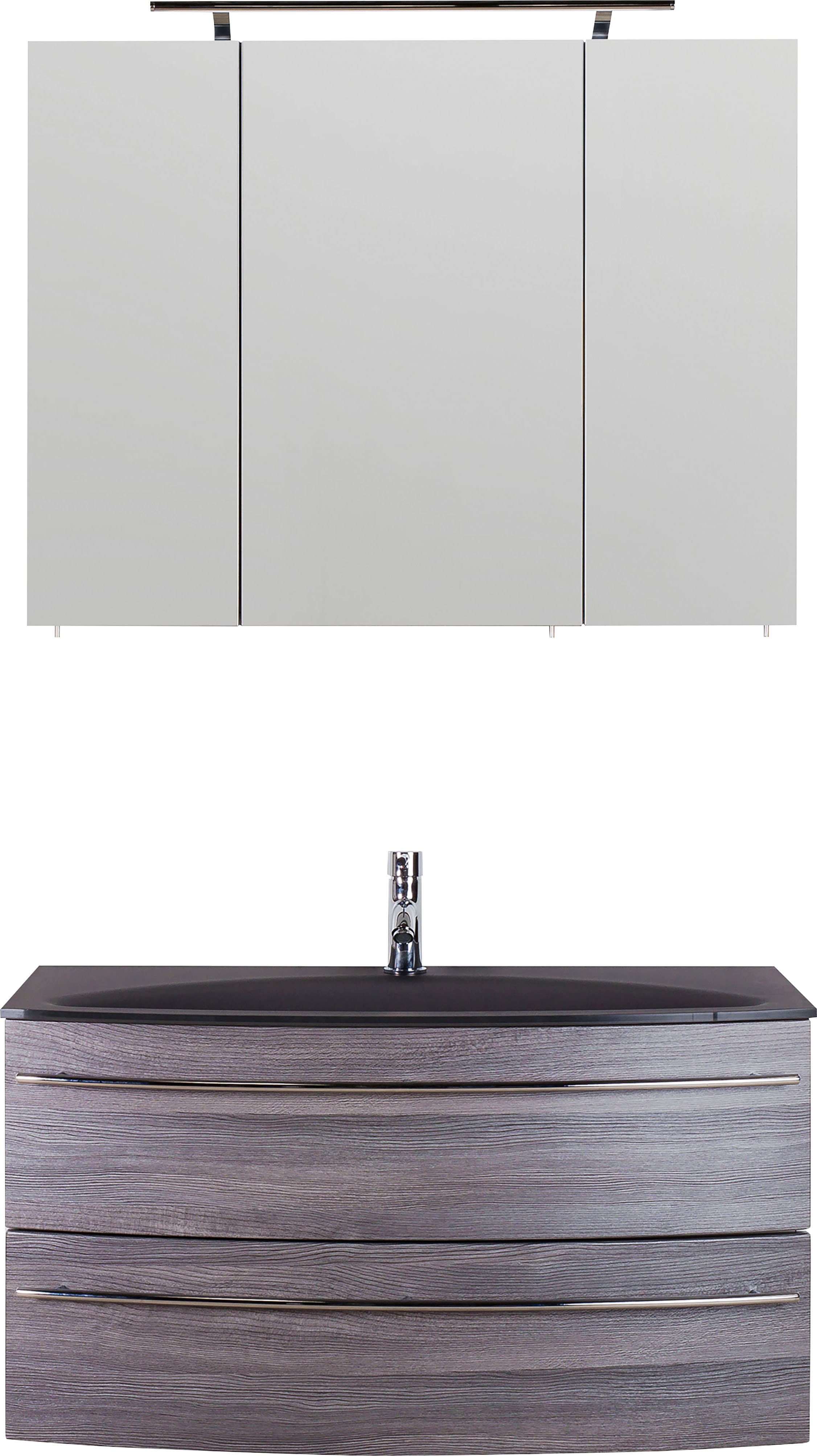 MARLIN Badmöbel-Set cm, LED-Beleuchtung, Breite Glas-Waschtisch mit Waschtisch-Unterschrank (2-St), 3040, Spiegelschrank mit 90