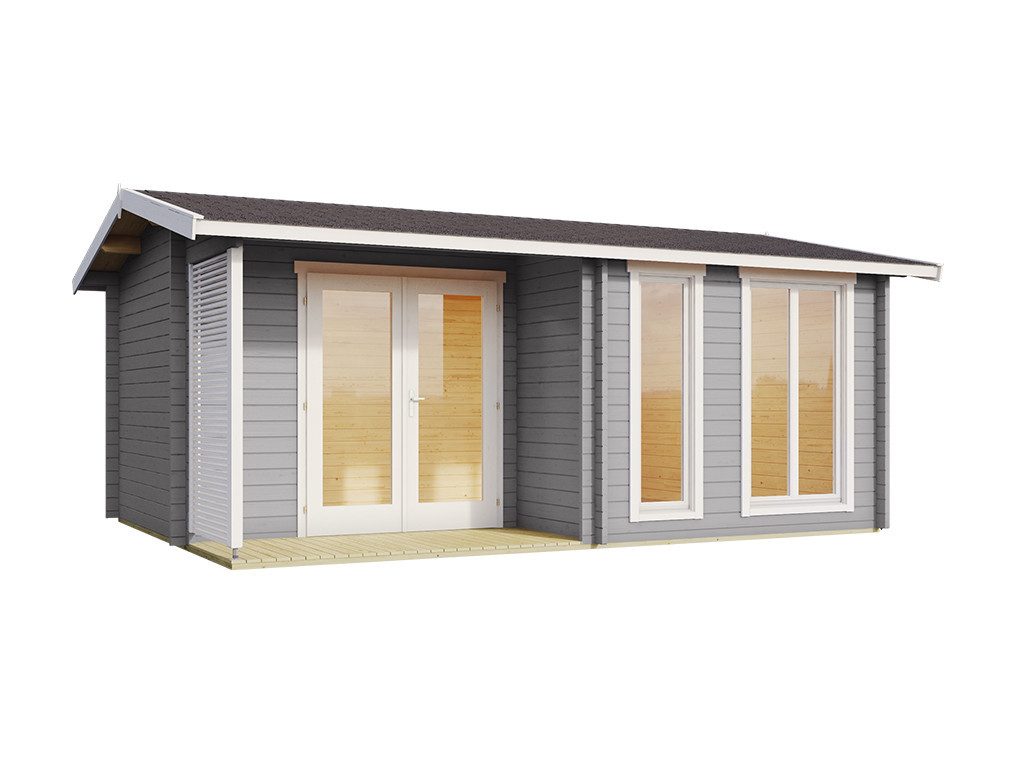 LASITA MAJA Gartenhaus Gartenhaus Blockbohlenhaus Brighton 44 mm lichtgrau, BxT: 580x429.90 cm, Terrasse, 44 mm Wandstärke, Einzeltür