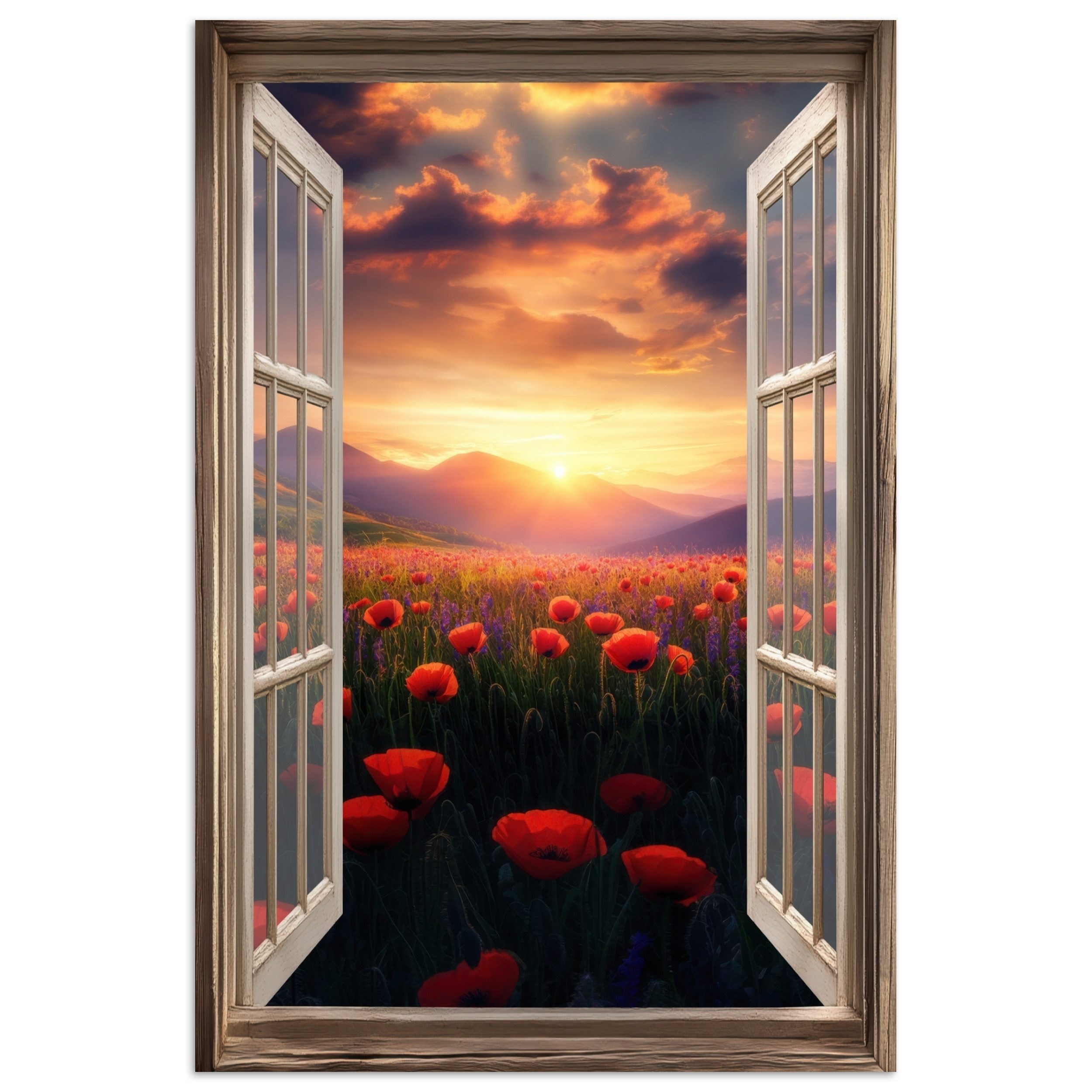 MuchoWow Poster Fensterblick - Mohnblumen - Blumen - Rot - Offenes Fenster, (1 St), Poster ohne Rahmen, Wandbild, Wandposter, 20x30 cm