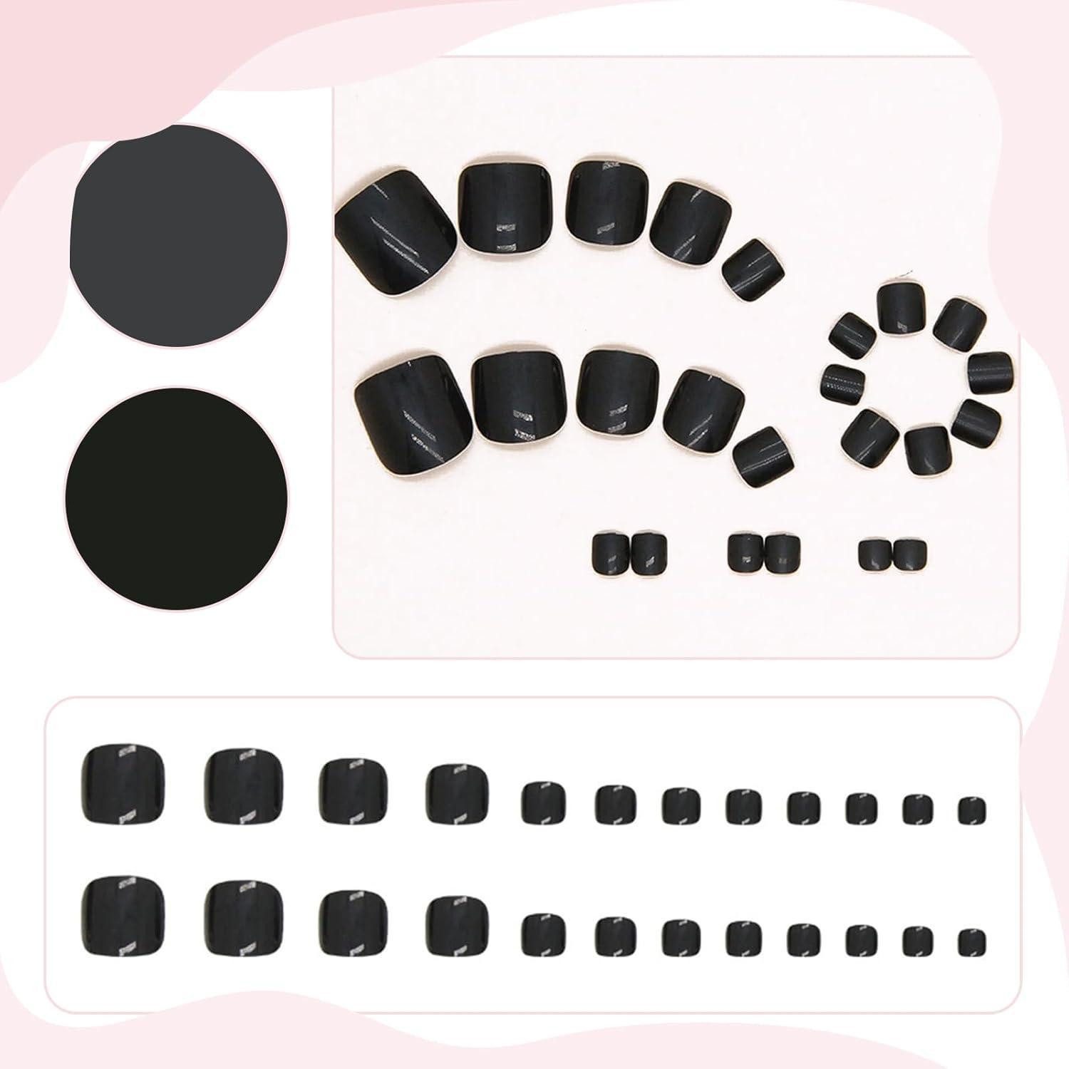 LuxusKollektion Kunstfingernägel Zehennagel 24er Set quadratisch schwarz zum Kleben glänzend Acryl