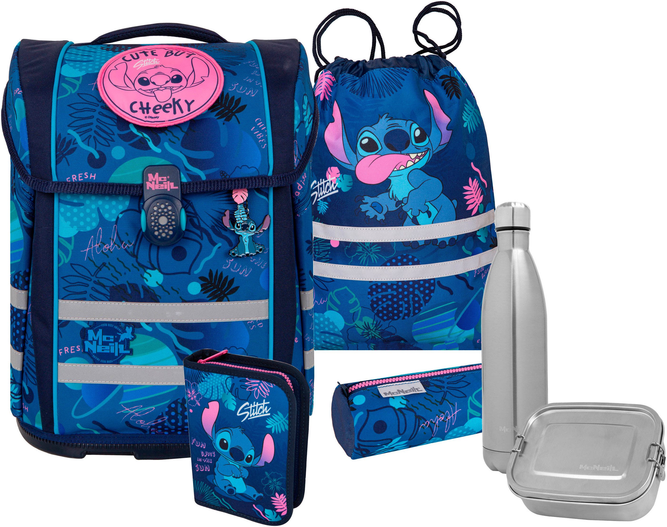 McNeill Schulranzen Perfecto, Disney, Stitch (Set, 5-tlg), inkl. Federmäppchen, Turnbeutel, Schlamperrolle & Motivmagnet