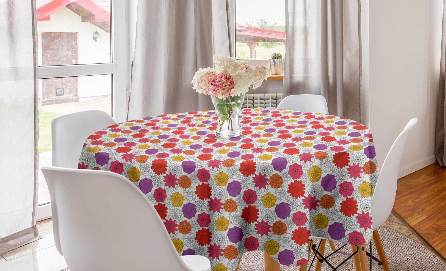 Abakuhaus Tischdecke Kreis Dekoration, Spring Abdeckung Doodled Esszimmer Tischdecke Flower Blumen für Küche