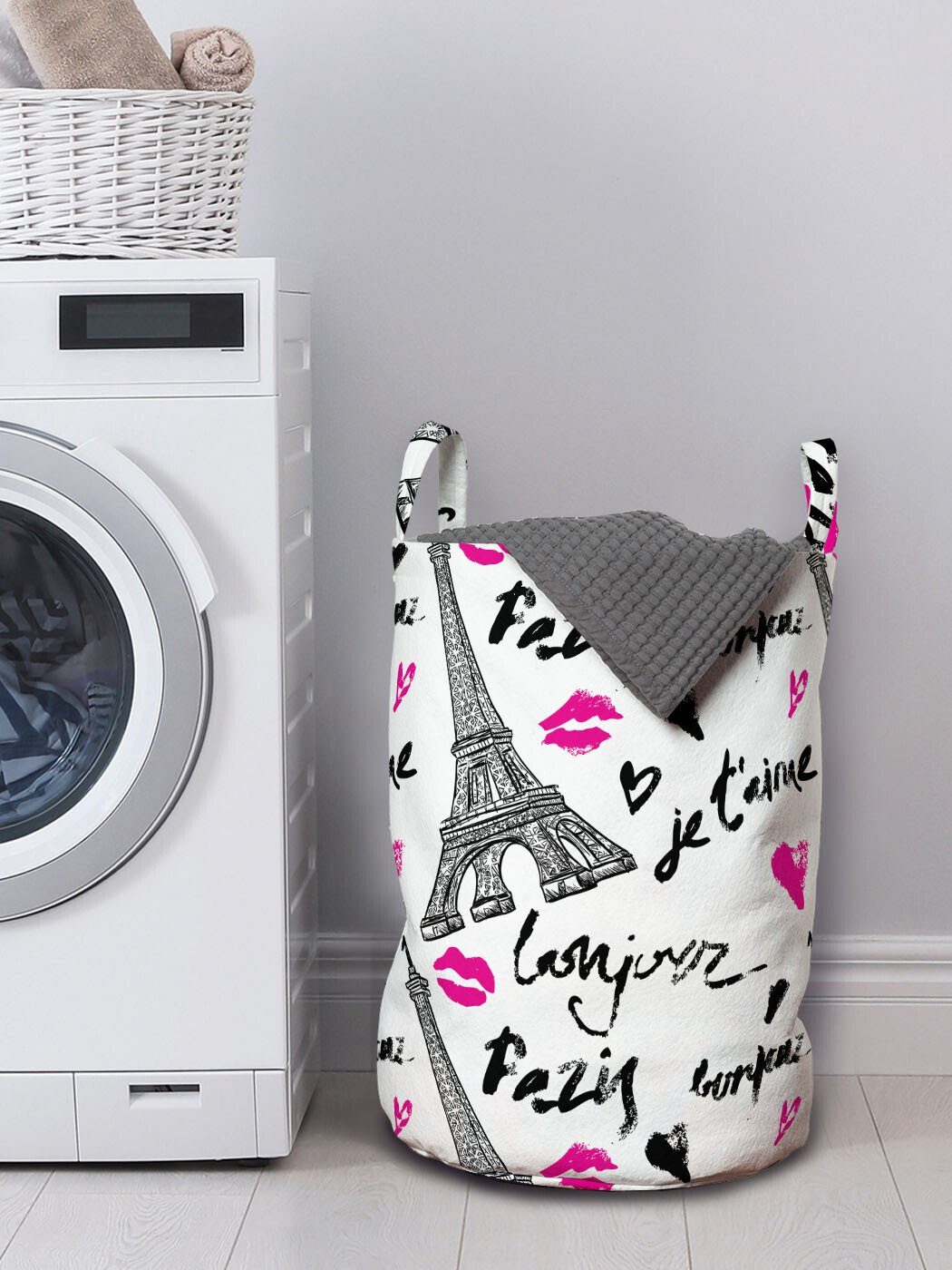 Waschsalons, Paris mit Griffen Pink Liebe Abakuhaus Wäschekorb für Kiss Eiffel Wäschesäckchen Kordelzugverschluss