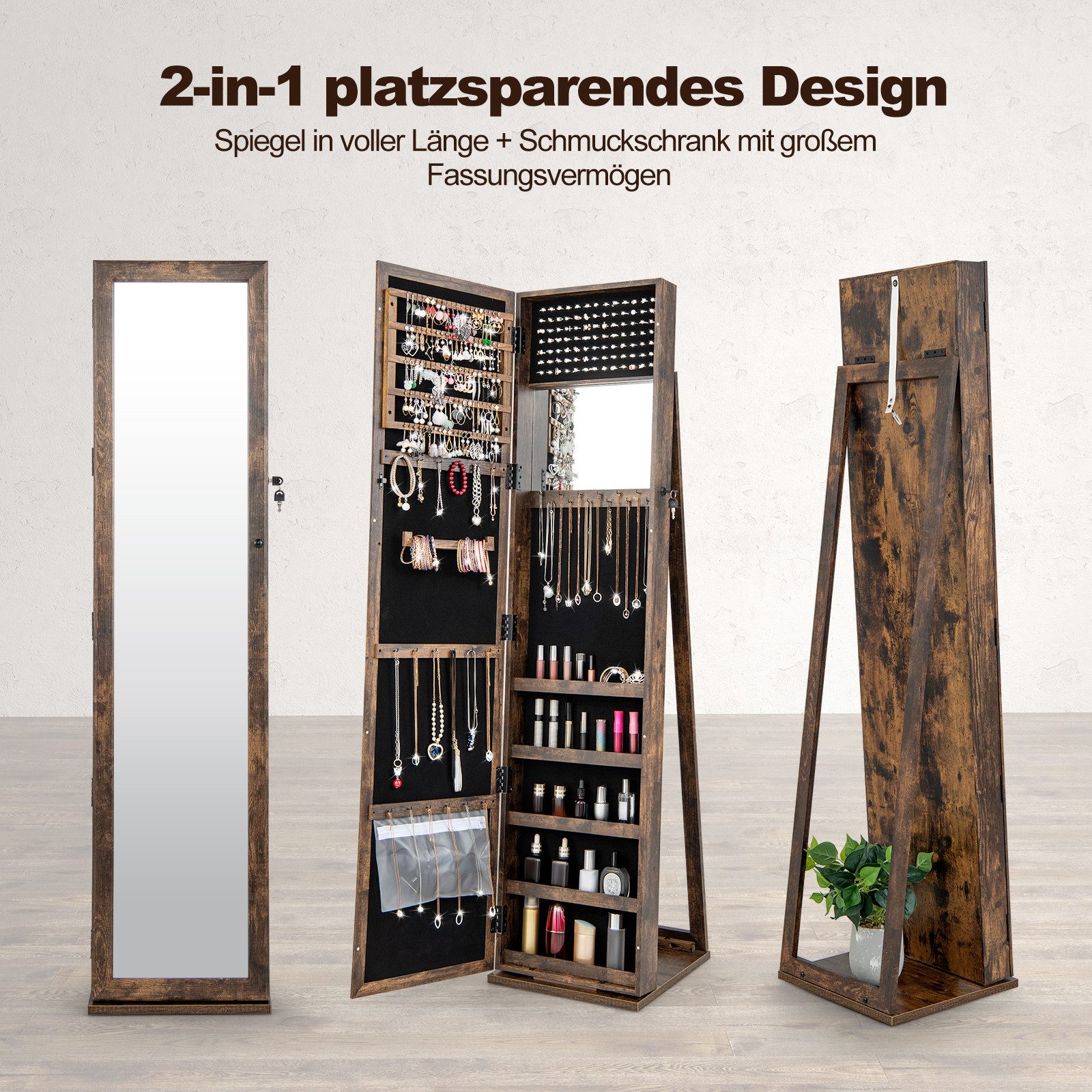 COSTWAY Schmuckschrank mit Ganzkörperspiegel,stehend,abschließbar,weiß günstig online kaufen