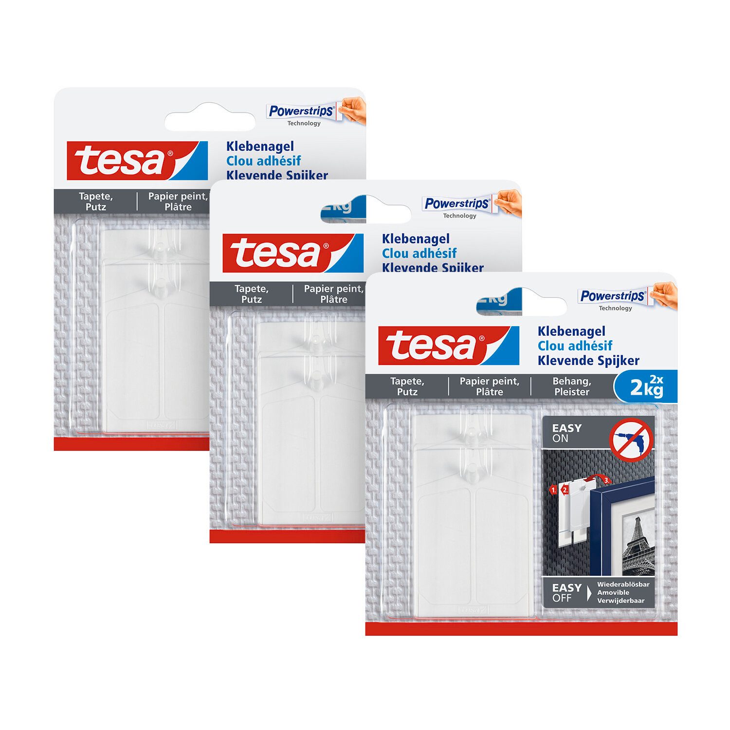 tesa Klebehaken tesa Klebenagel für Tapeten und Putz 2kg Halteleistung pro Nagel, Dekoration, Bilder, Leinwände, (Packung, 6-St., inkl. Powerstrips), Selbstklebende Nägel für empfindliche Oberflächen - rückstandslos