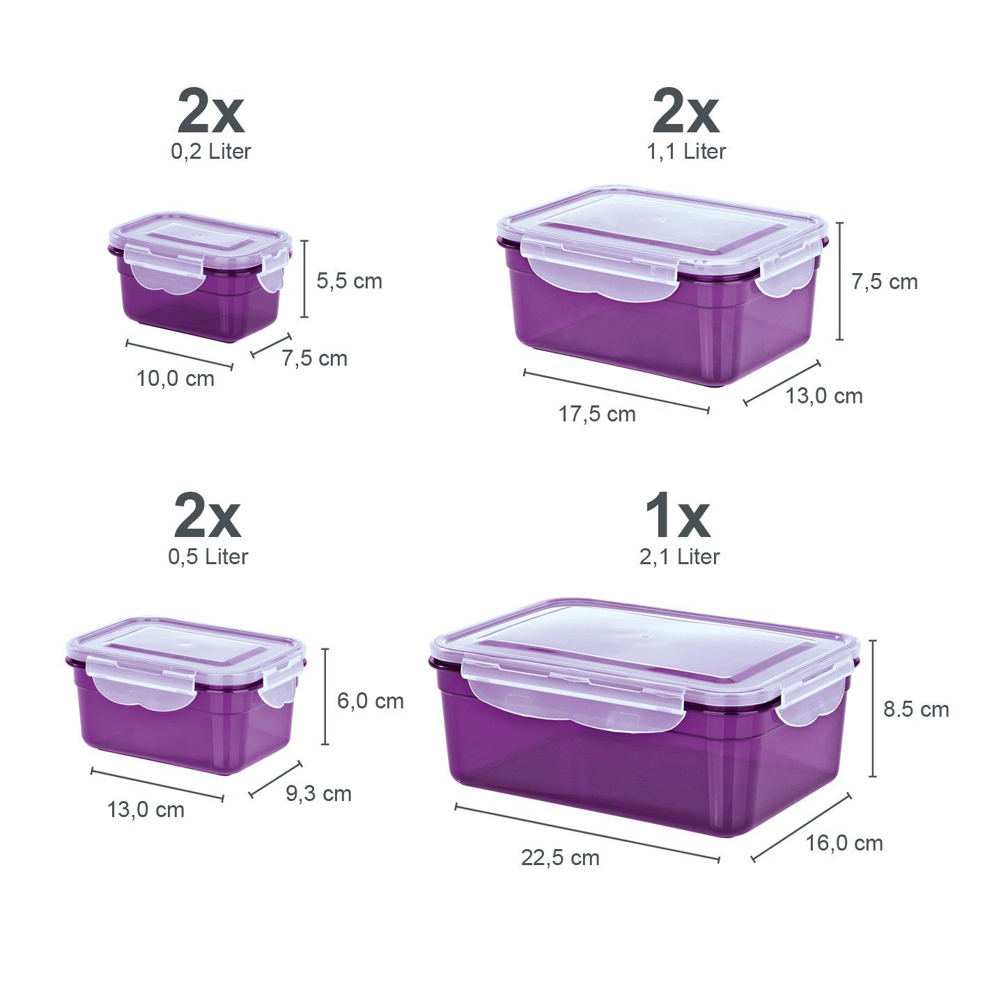GOURMETmaxx Frischhaltedose Lunchbox Vorratsdosen tropfsicher, einfrieren, aufbewahren, (7er Set, 14-tlg), 2x 200ml, 2x 500ml, 2x 1100ml, 1x 2100ml