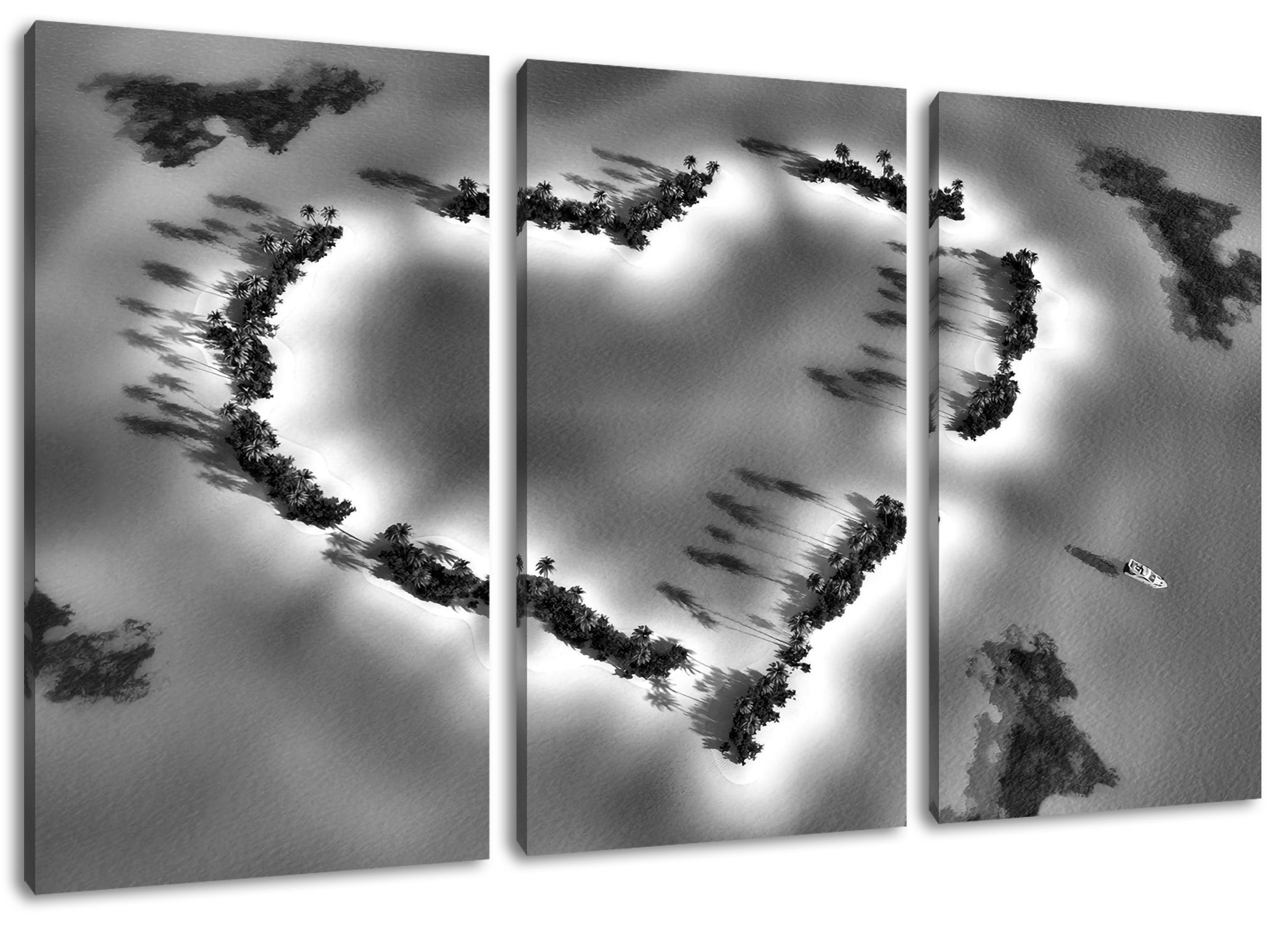 Pixxprint Leinwandbild Herz geformt aus Inseln, Herz geformt aus Inseln 3Teiler (120x80cm) (1 St), Leinwandbild fertig bespannt, inkl. Zackenaufhänger