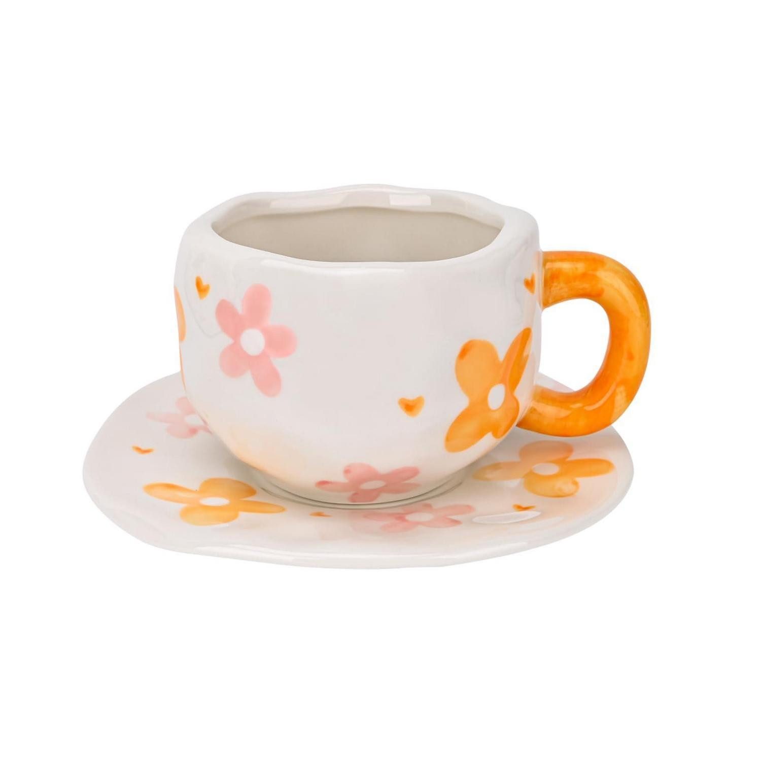 LuxusKollektion Tasse Kaffeetasse mit Untersetzer Orange Blume 300ml, Keramik