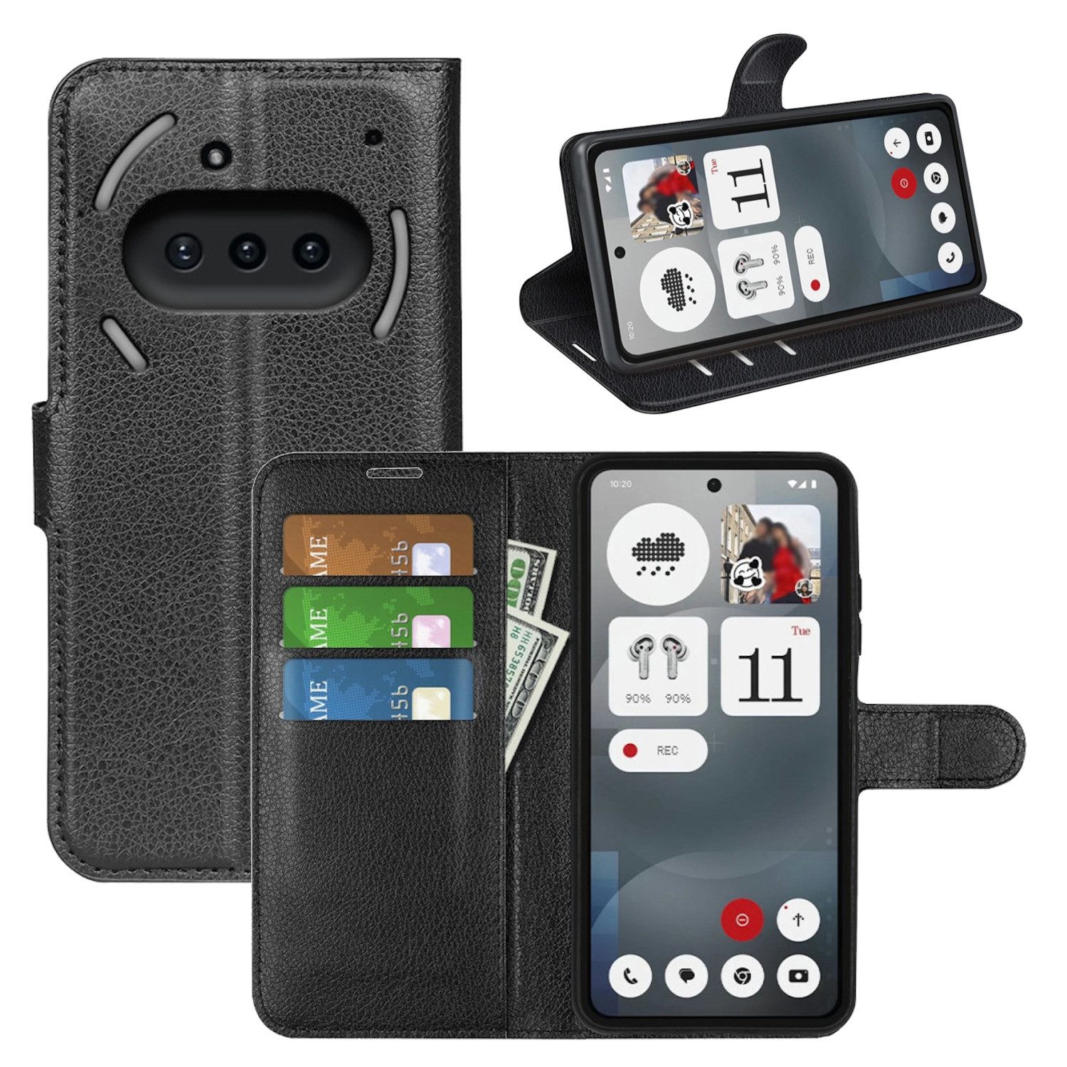 Wigento Smartphone-Hülle Für Nothing Phone 3a Kunstleder Book Wallet Handy Tasche Hülle Schwarz, Kunstleder Hülle mit Kartenfächern und Standfunktion